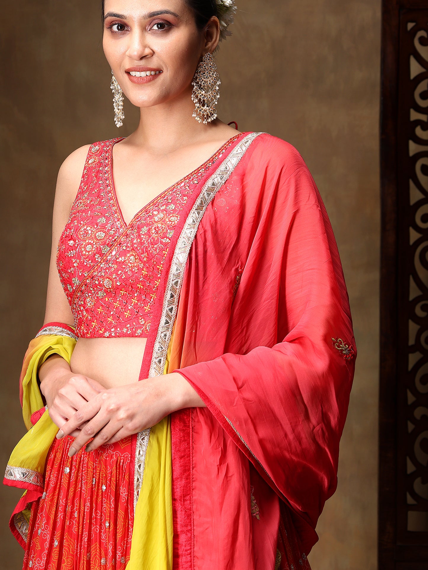 Ruby Pink Chiffon Lehenga Embellished with Thread and Mirror Work