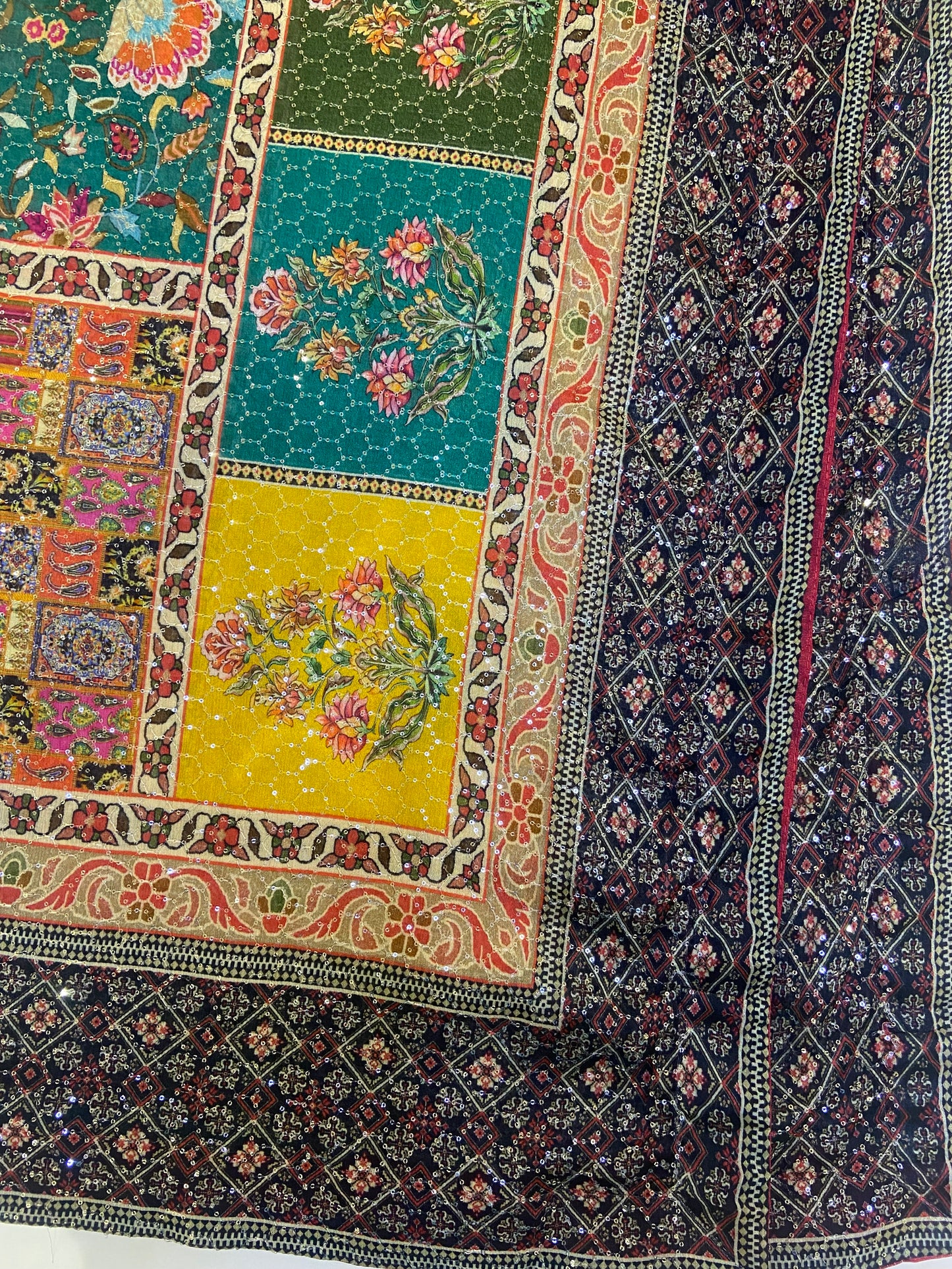 Mint silk printed hand embroidered dupatta