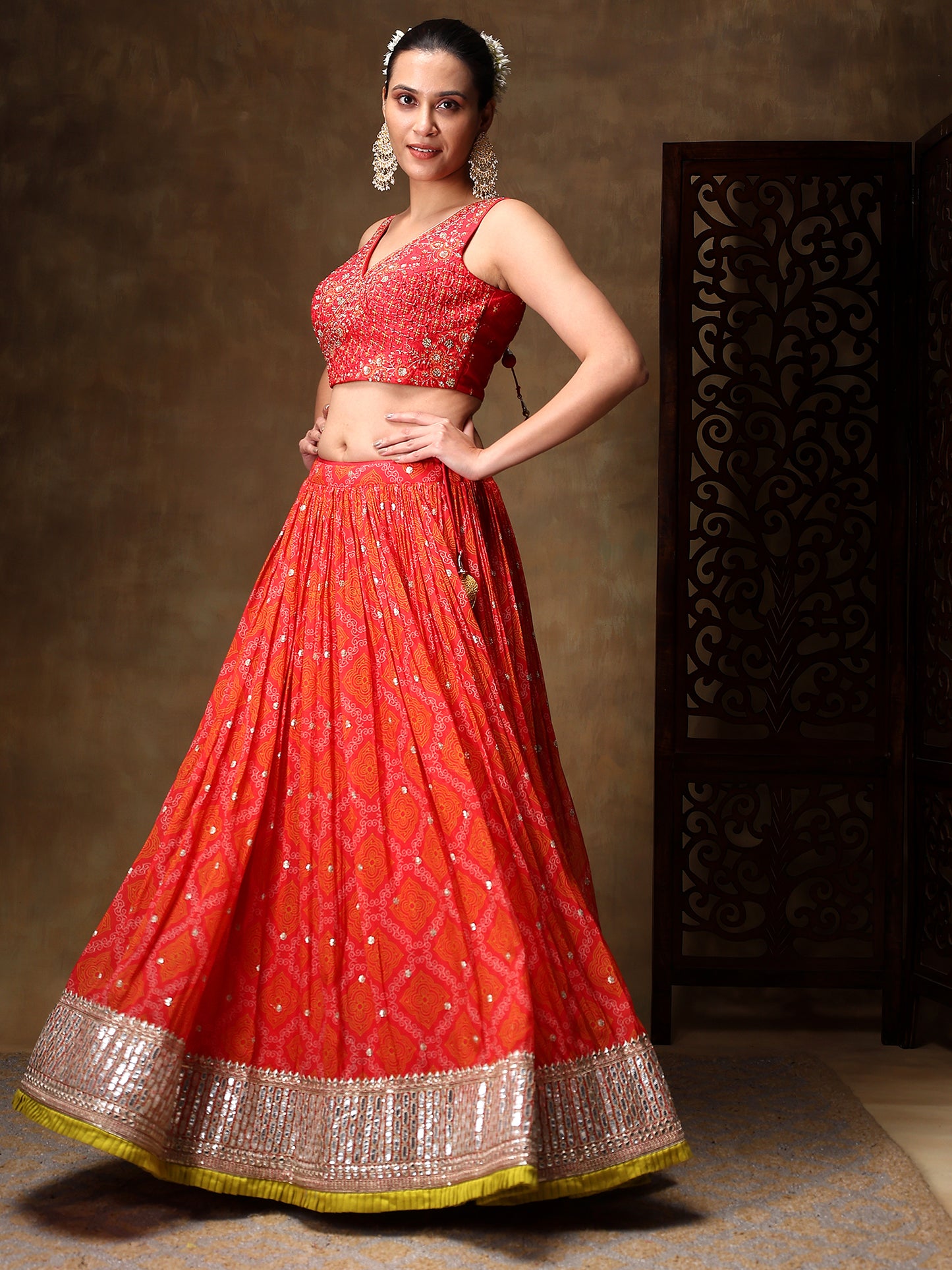 Ruby Pink Chiffon Lehenga Embellished with Thread and Mirror Work