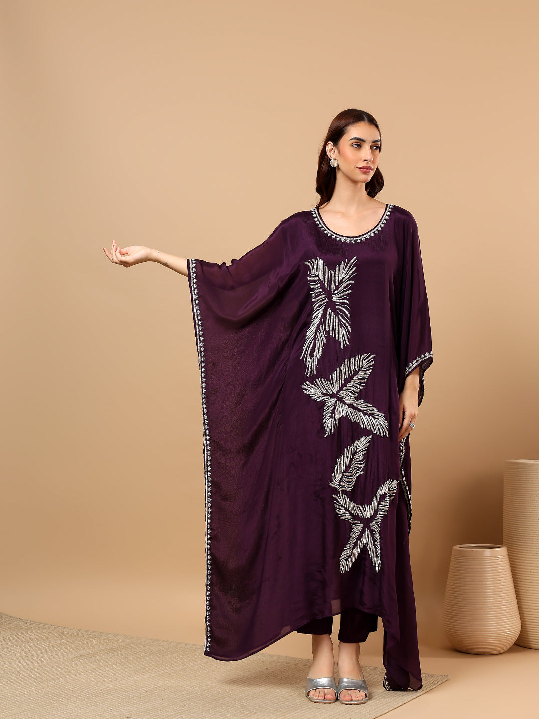 Wine Crepe Kaftan Set