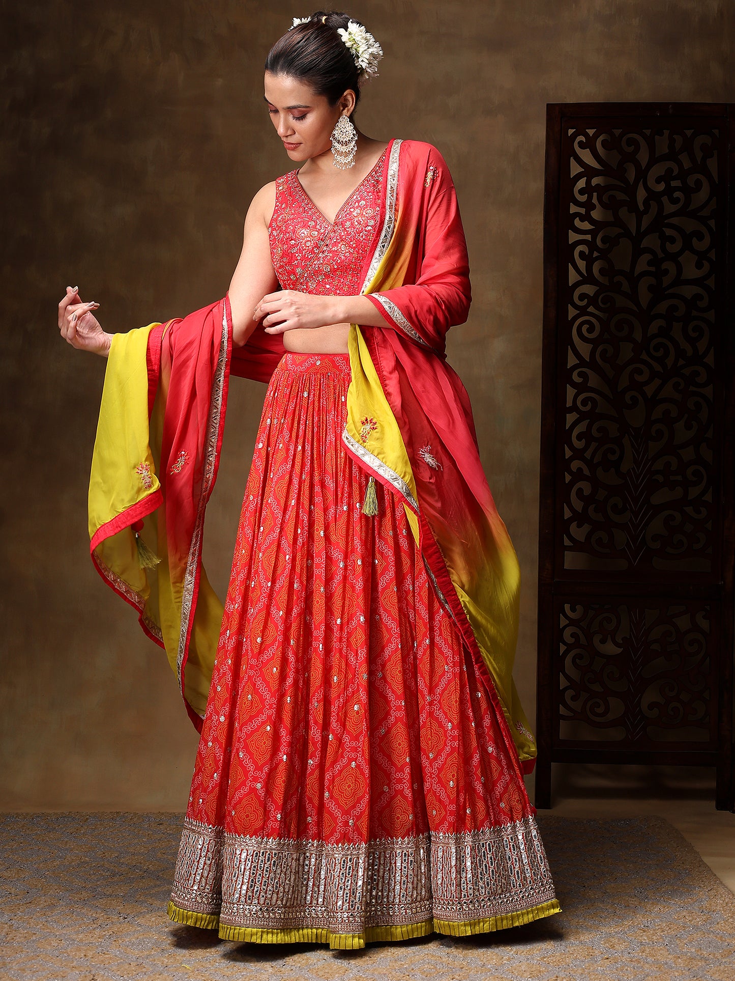 Ruby Pink Chiffon Lehenga Embellished with Thread and Mirror Work