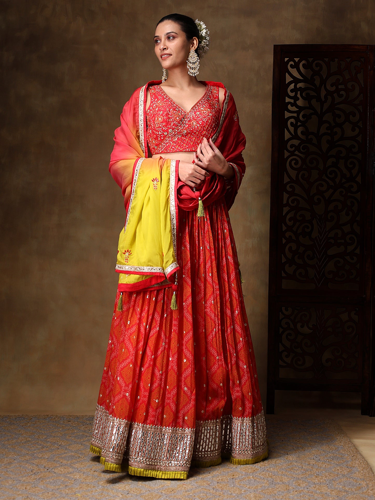 Ruby Pink Chiffon Lehenga Embellished with Thread and Mirror Work