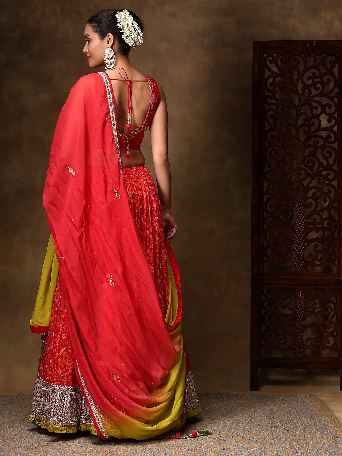 Ruby Pink Chiffon Lehenga Embellished with Thread and Mirror Work