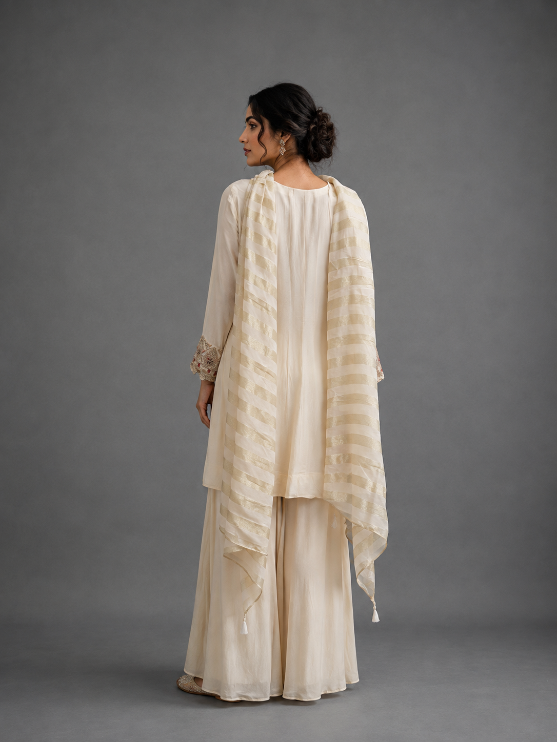 Off-White Raw Silk Hand Embroidered Kalidaar Kurta With Flared Pants and Tissue Silk Dupatta