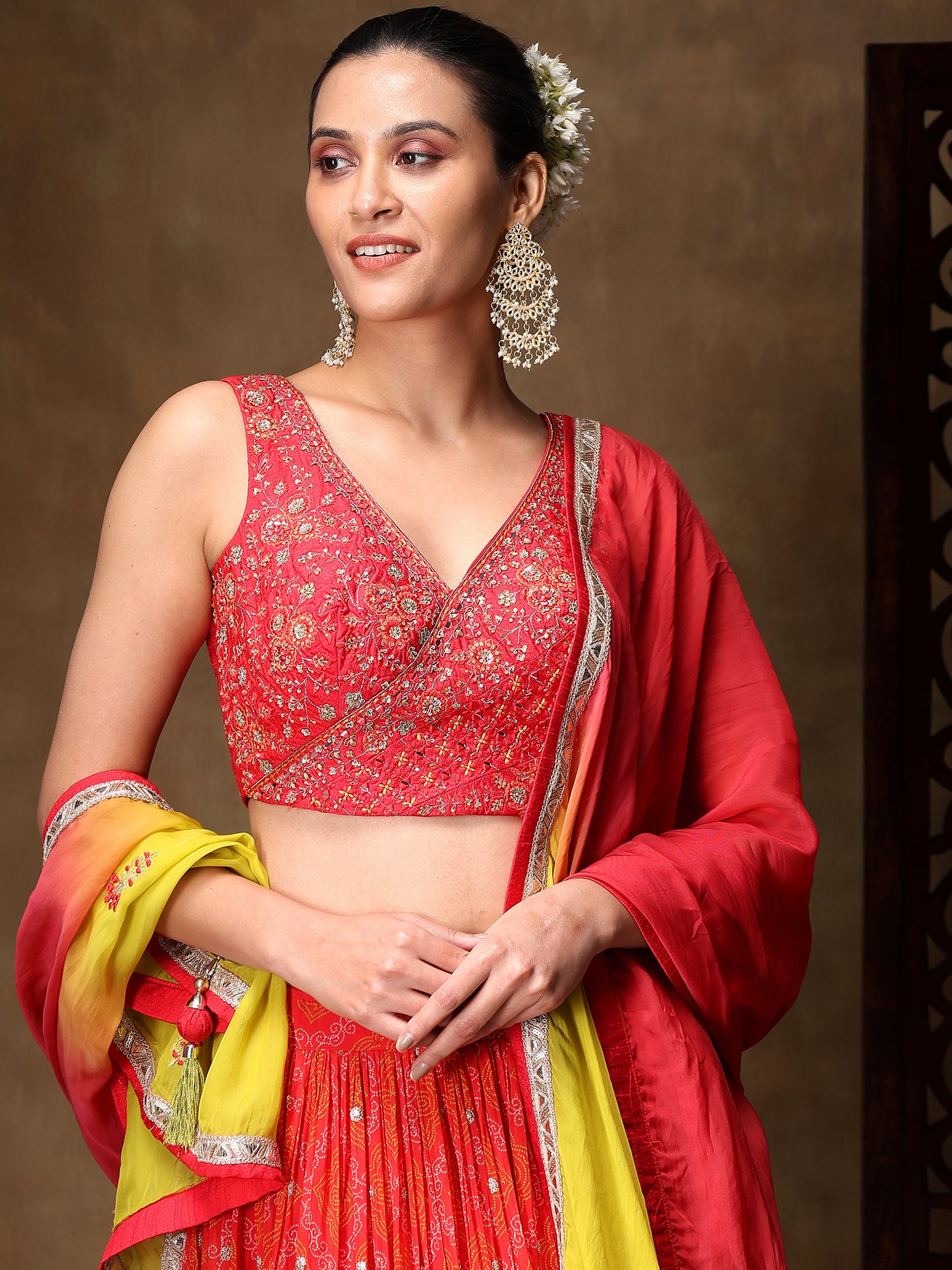 Ruby Pink Chiffon Lehenga Embellished with Thread and Mirror Work