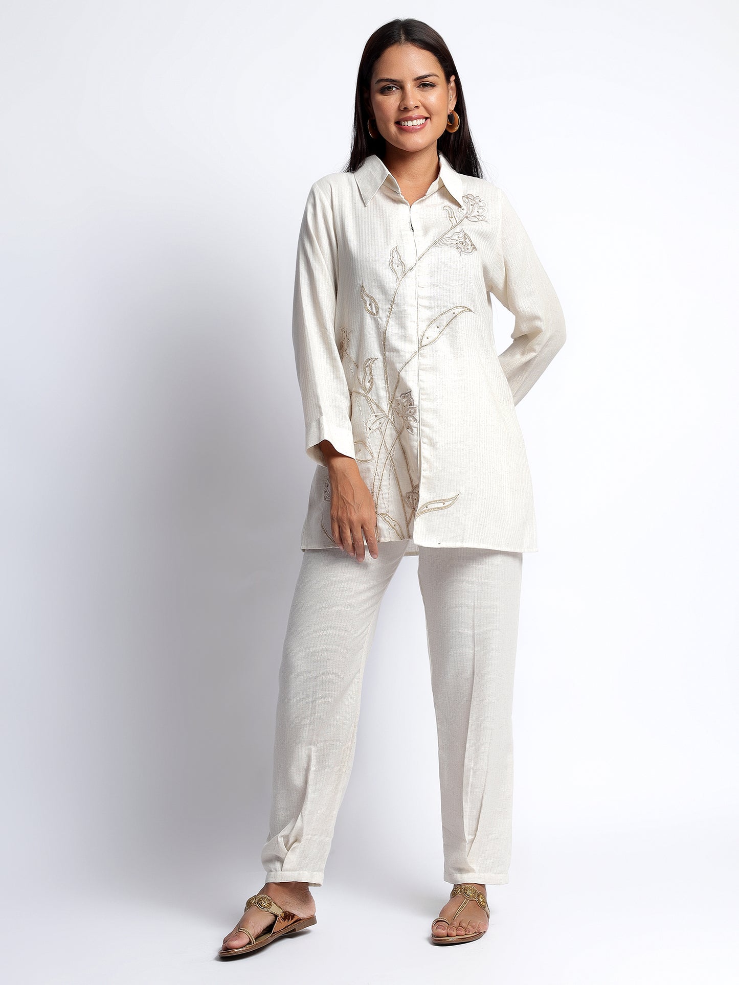 Linen Cord Set with Floral Thread Work