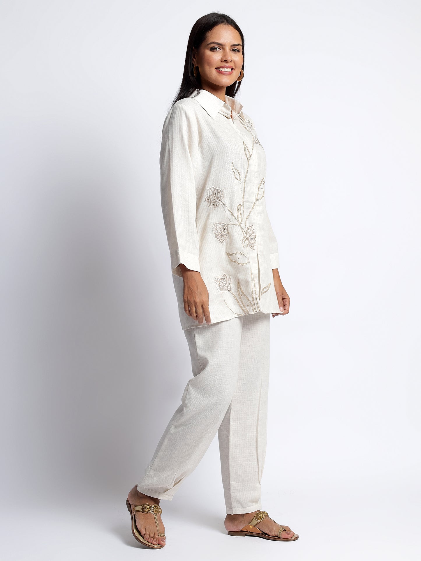 Linen Cord Set with Floral Thread Work