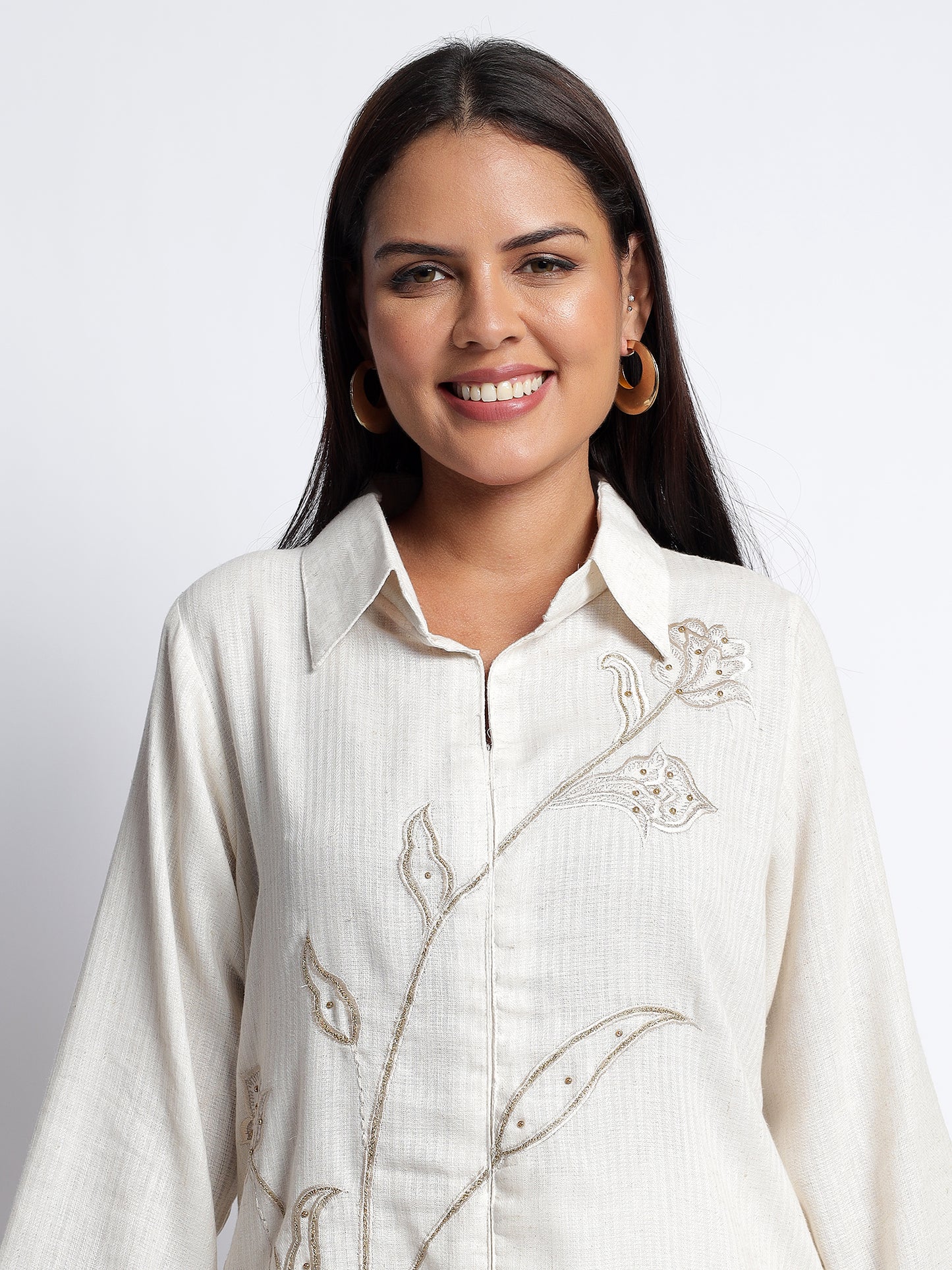 Linen Cord Set with Floral Thread Work