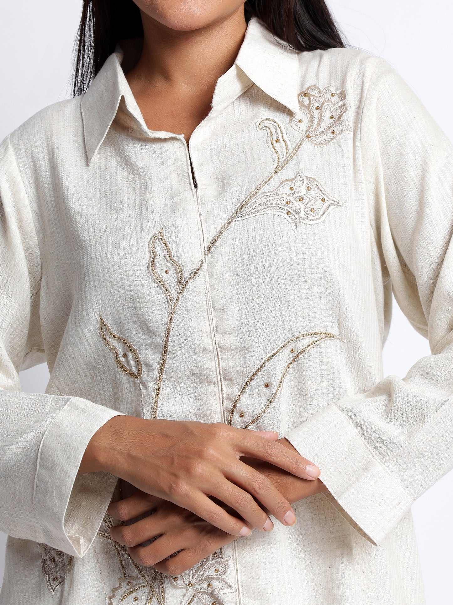 Linen Cord Set with Floral Thread Work