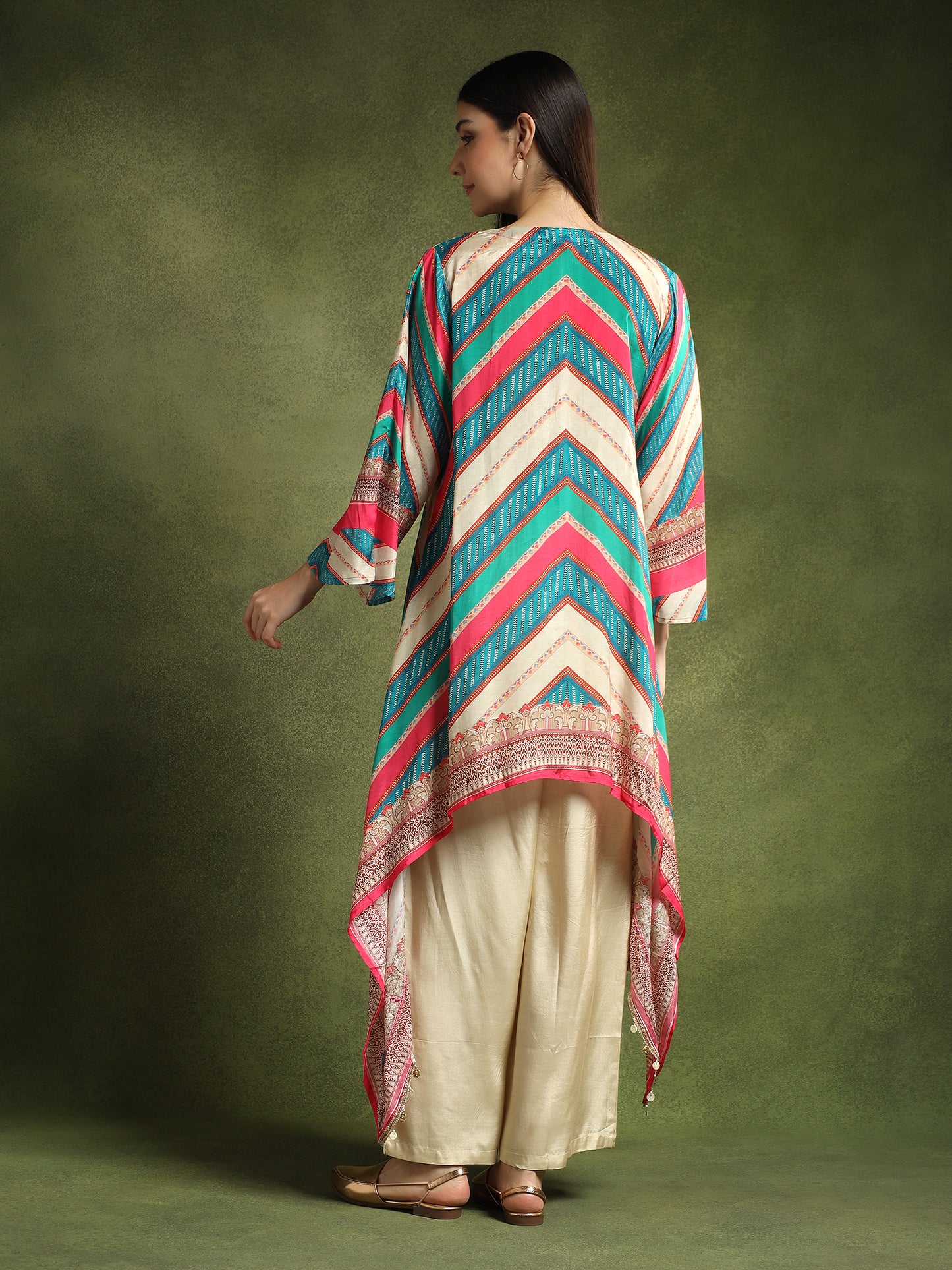 Multi Coloured Crepe Kurta and Pants Set