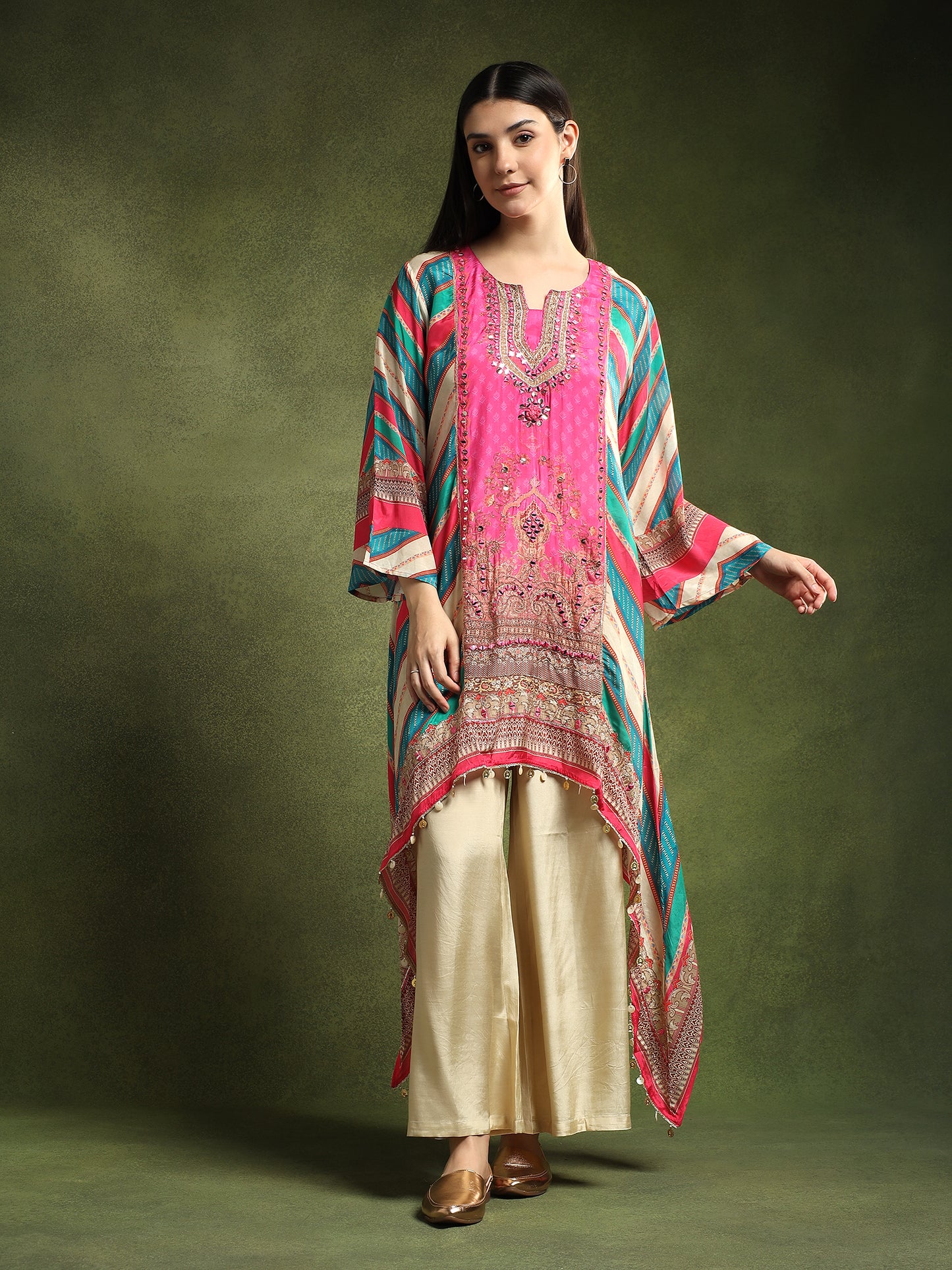Multi Coloured Crepe Kurta and Pants Set