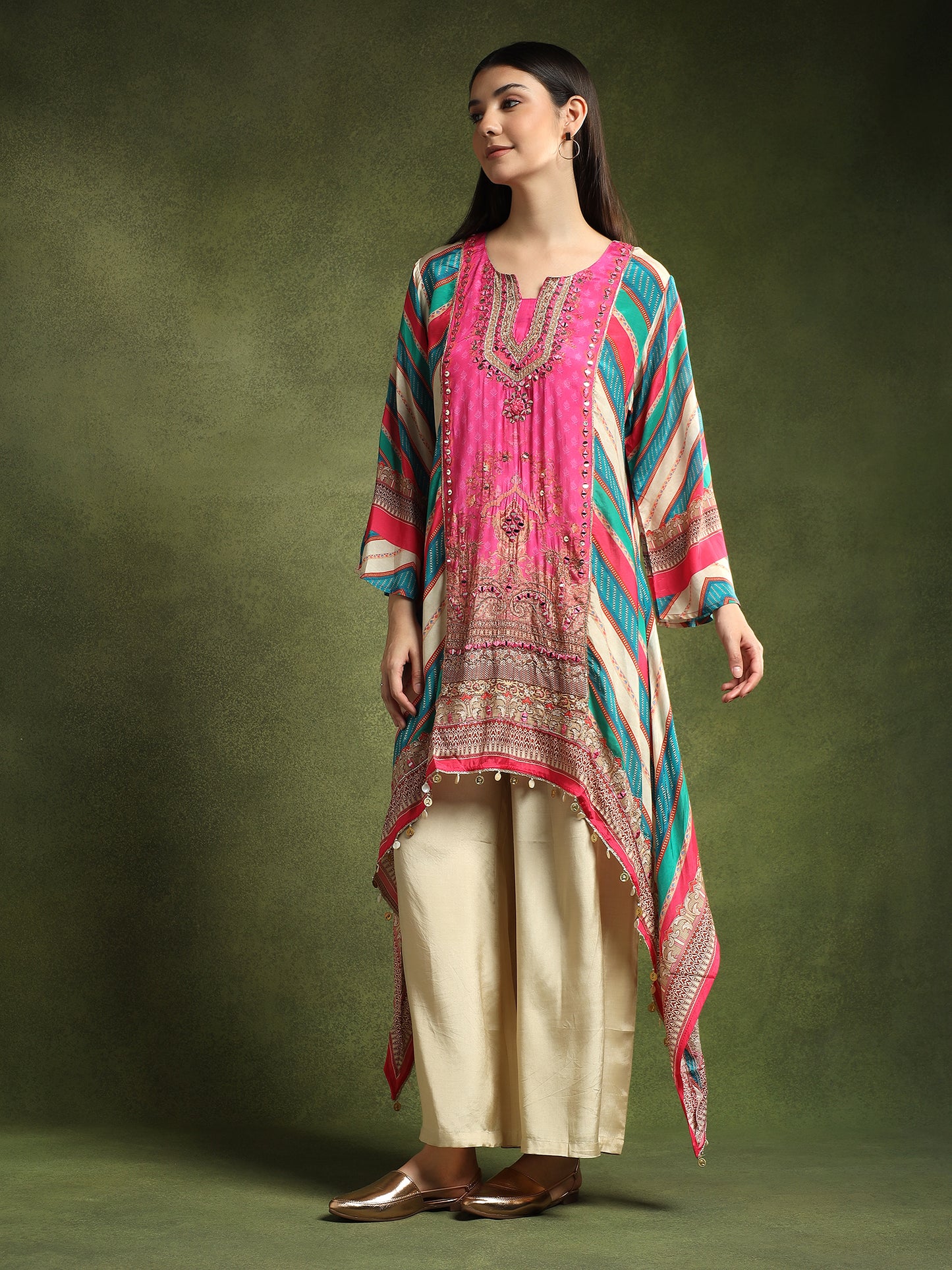 Multi Coloured Crepe Kurta and Pants Set