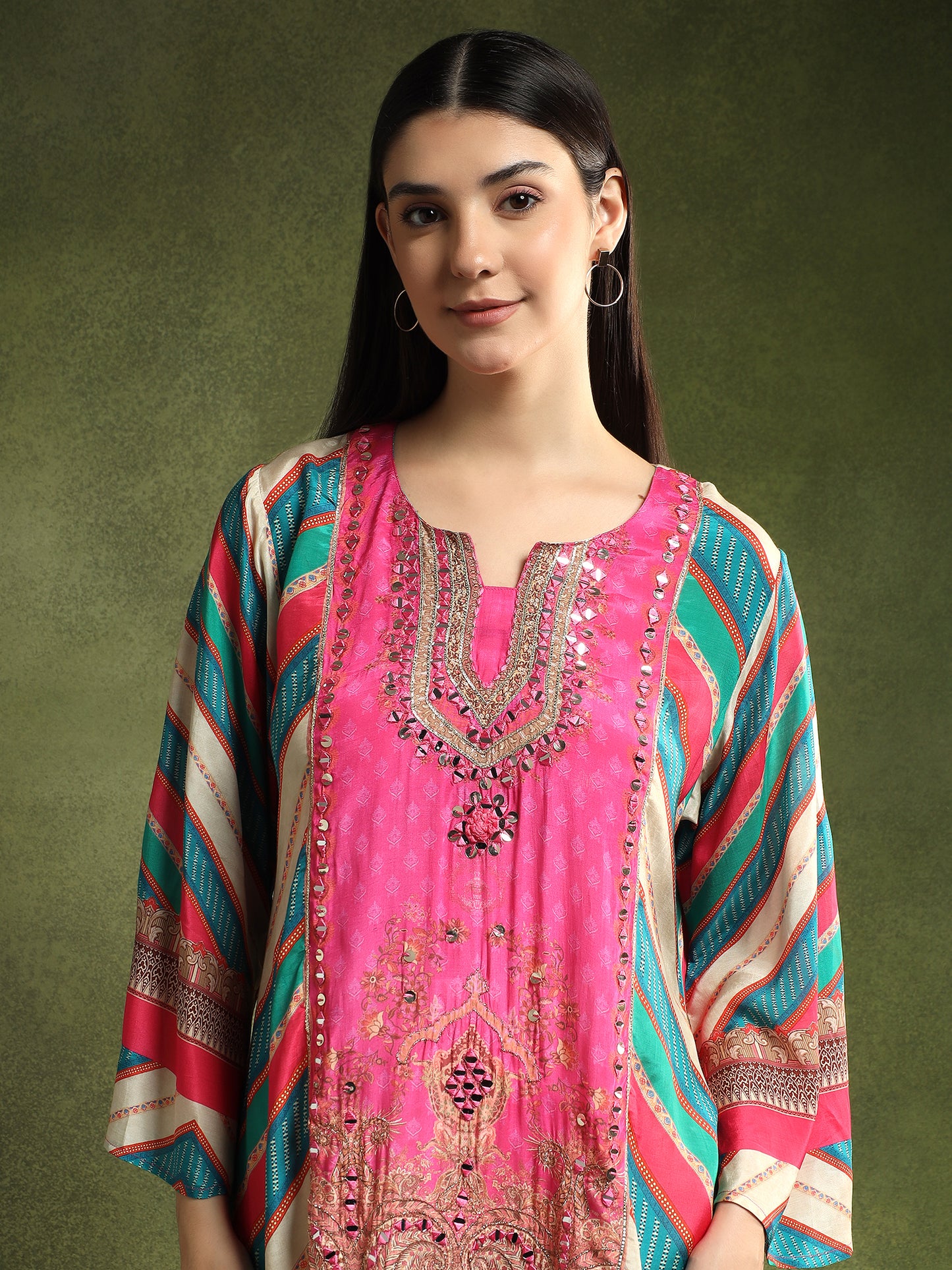Multi Coloured Crepe Kurta and Pants Set