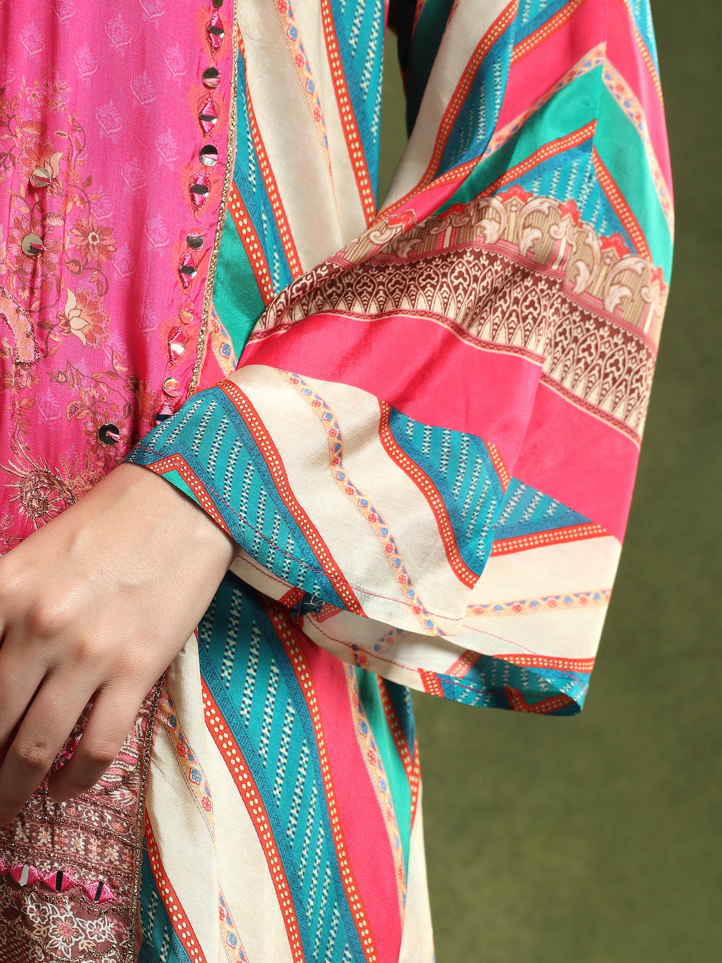 Multi Coloured Crepe Kurta and Pants Set