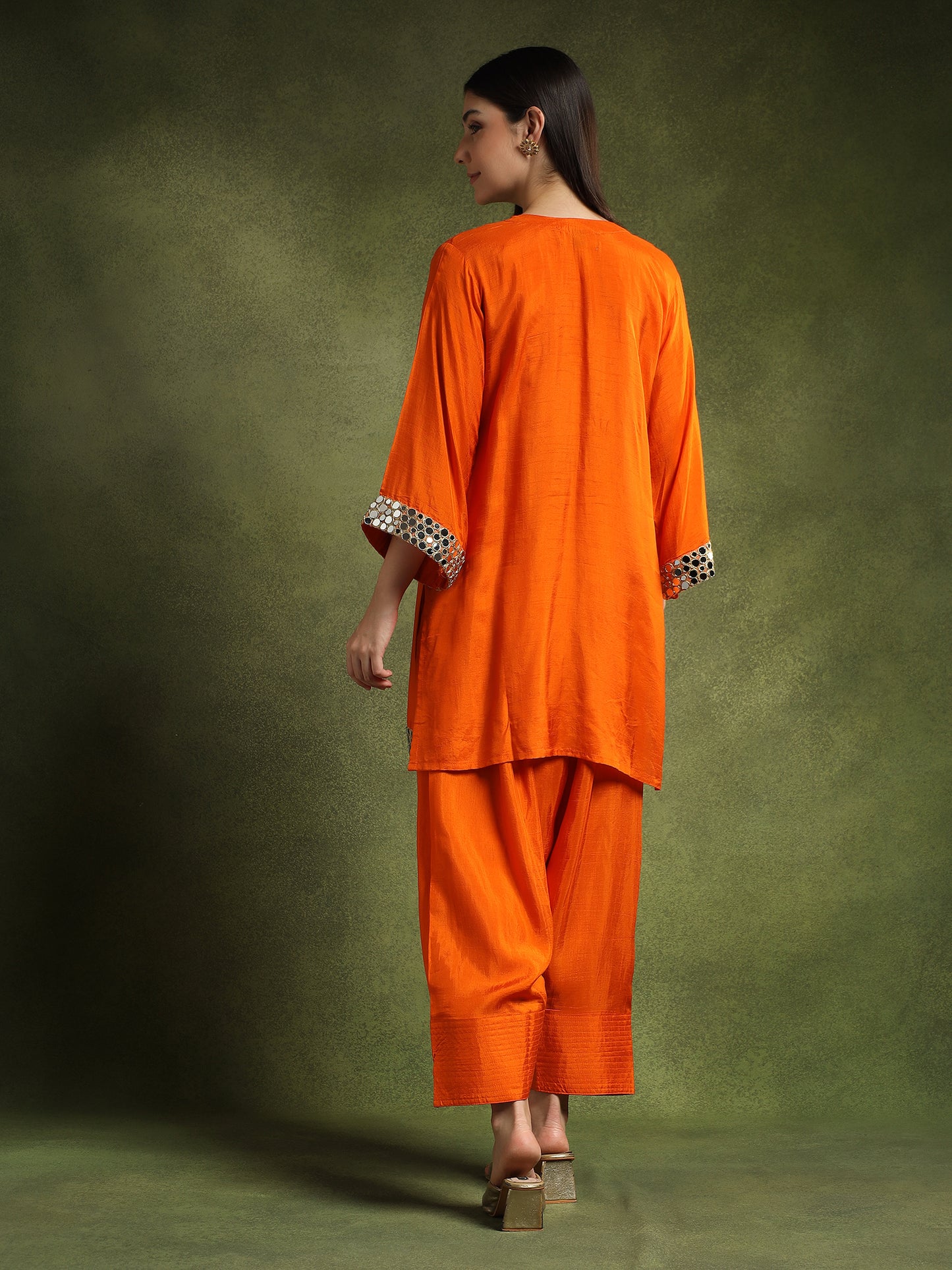 Orange Silk Kurta Set with Mirror Embellishments
