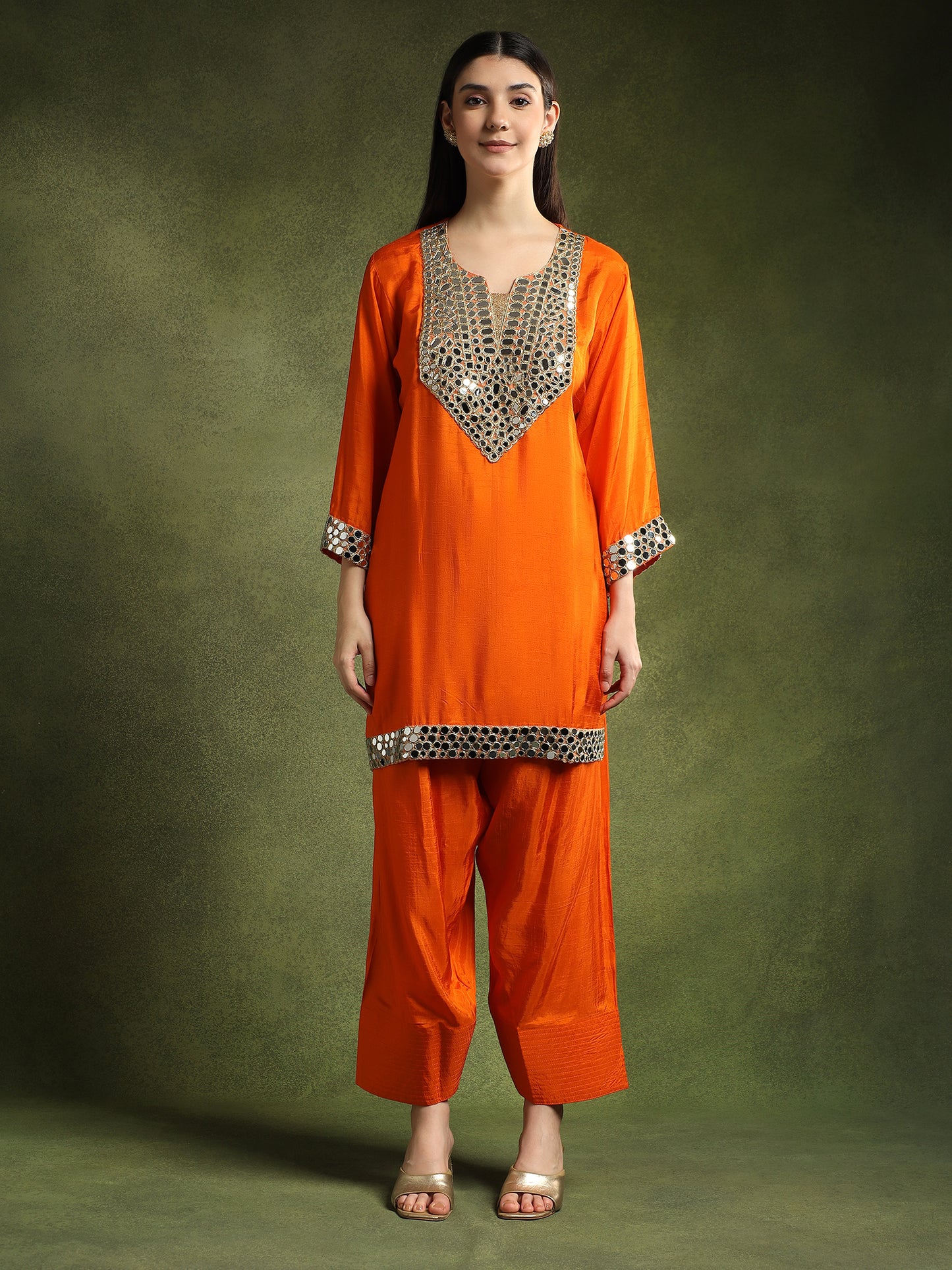 Orange Silk Kurta Set with Mirror Embellishments