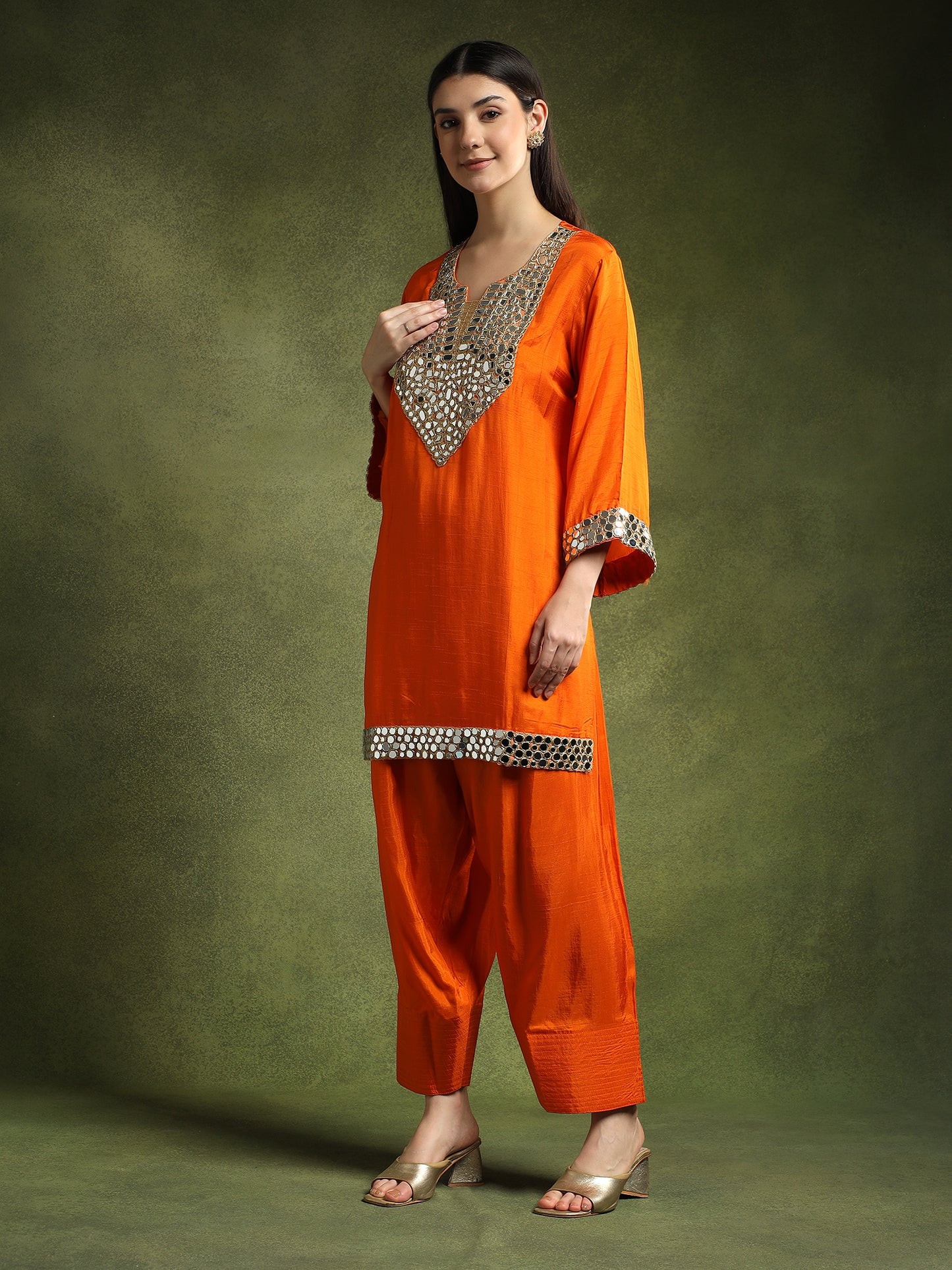 Orange Silk Kurta Set with Mirror Embellishments