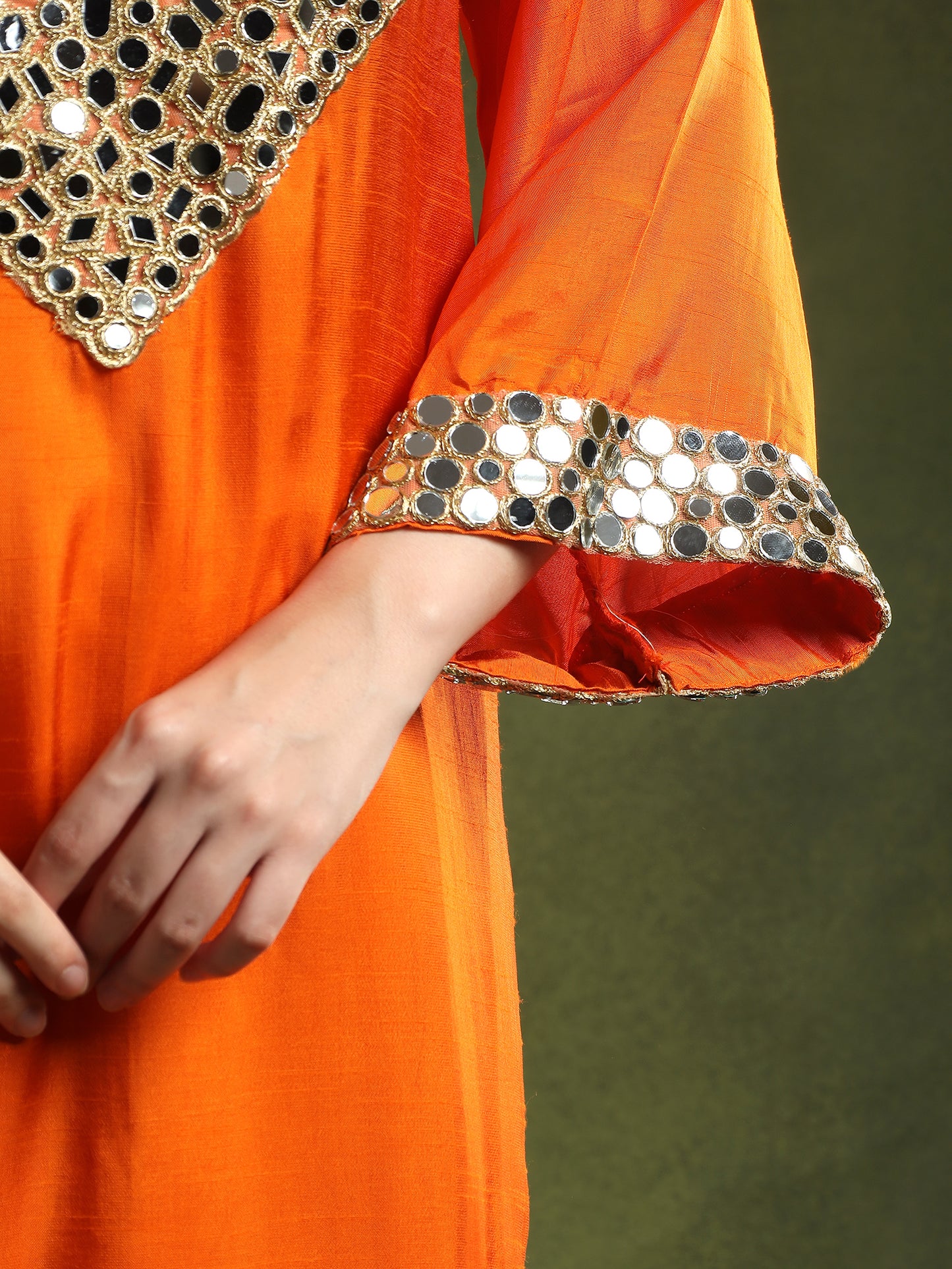 Orange Silk Kurta Set with Mirror Embellishments