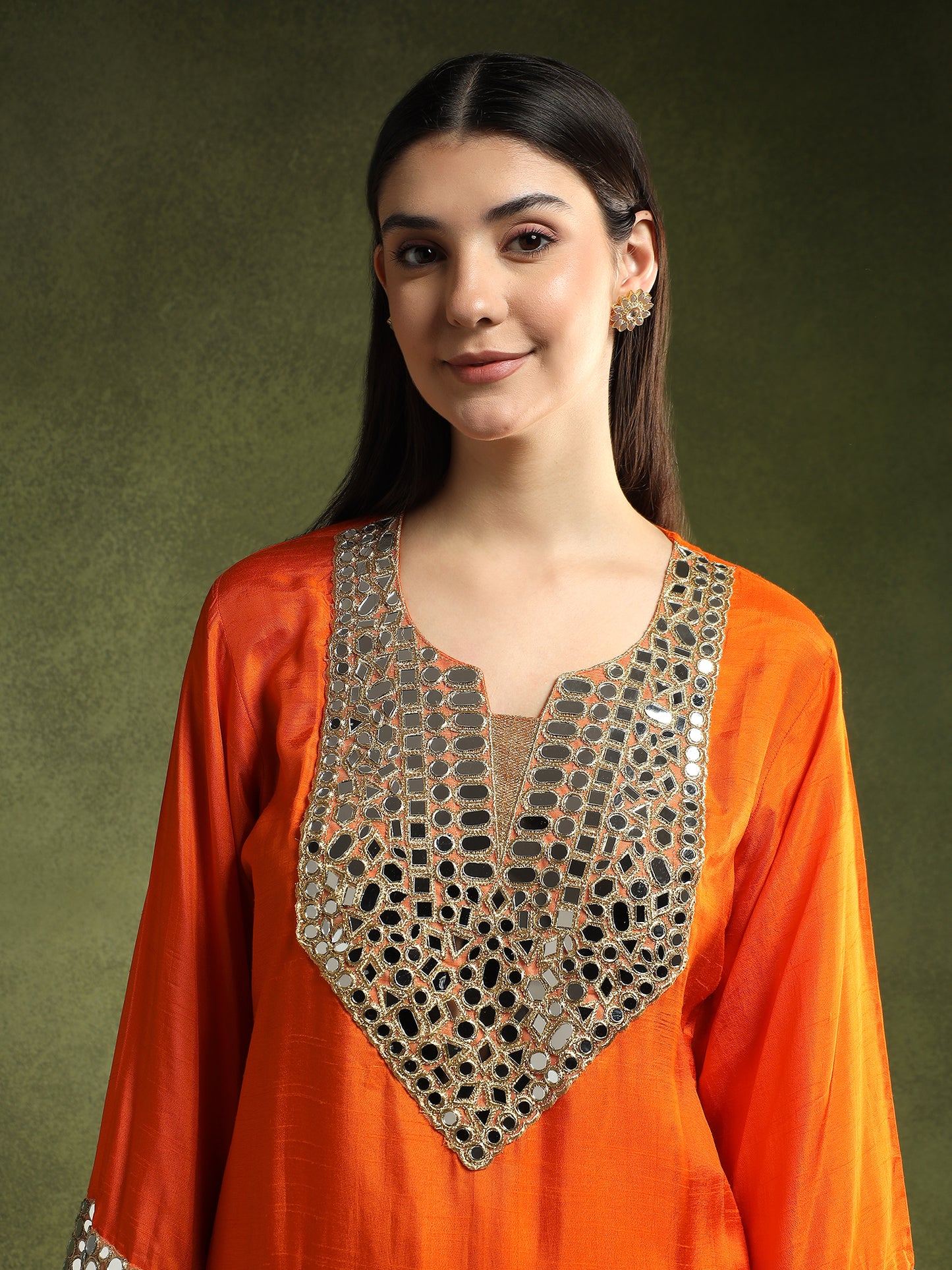 Orange Silk Kurta Set with Mirror Embellishments