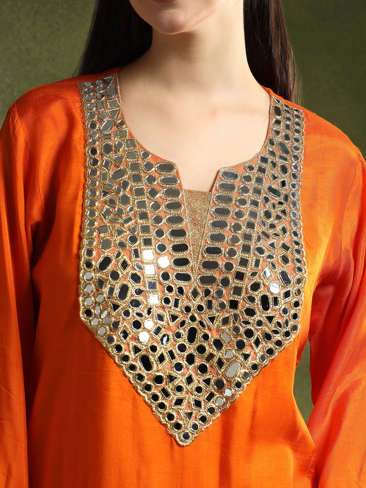 Orange Silk Kurta Set with Mirror Embellishments