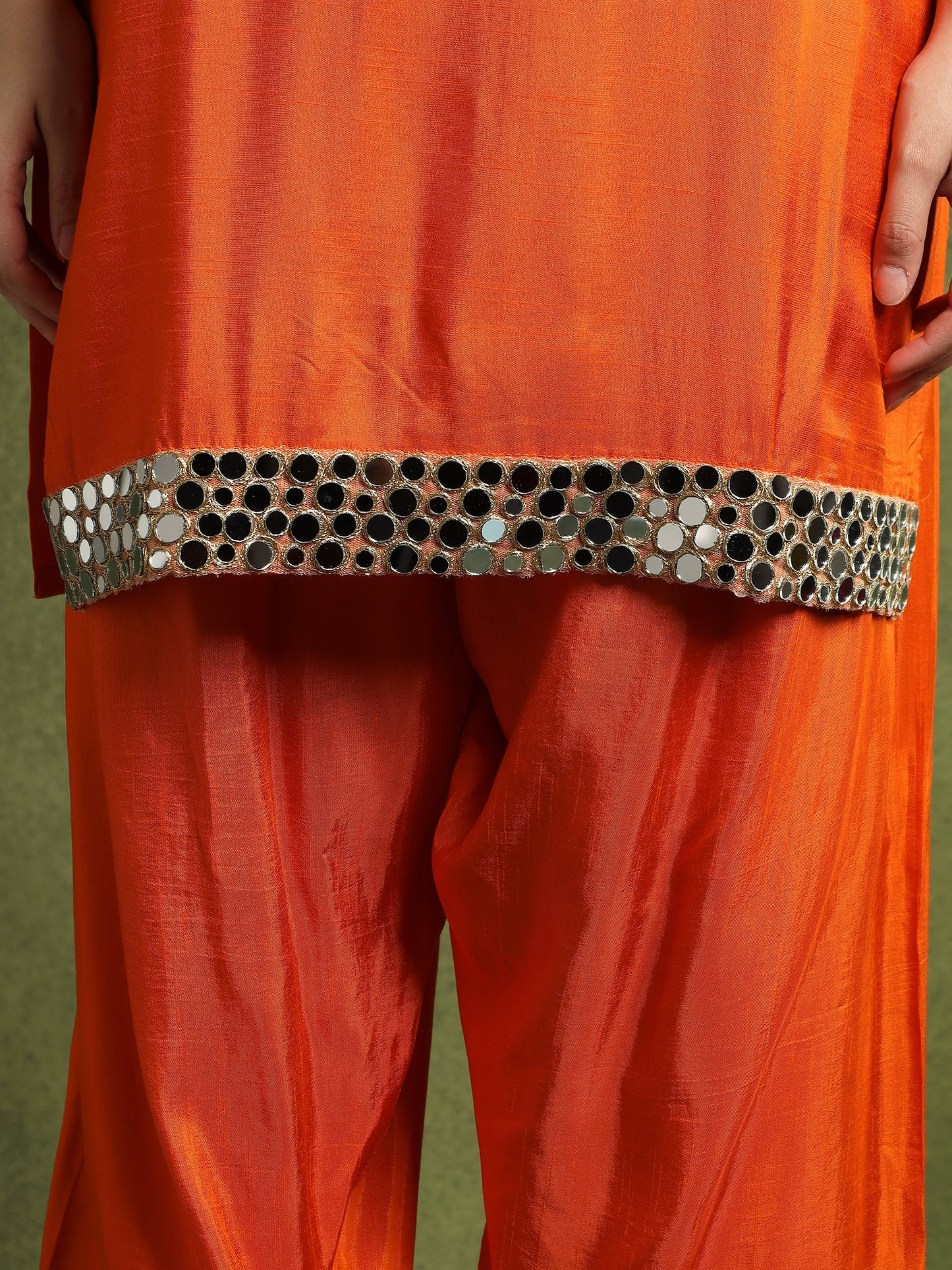 Orange Silk Kurta Set with Mirror Embellishments