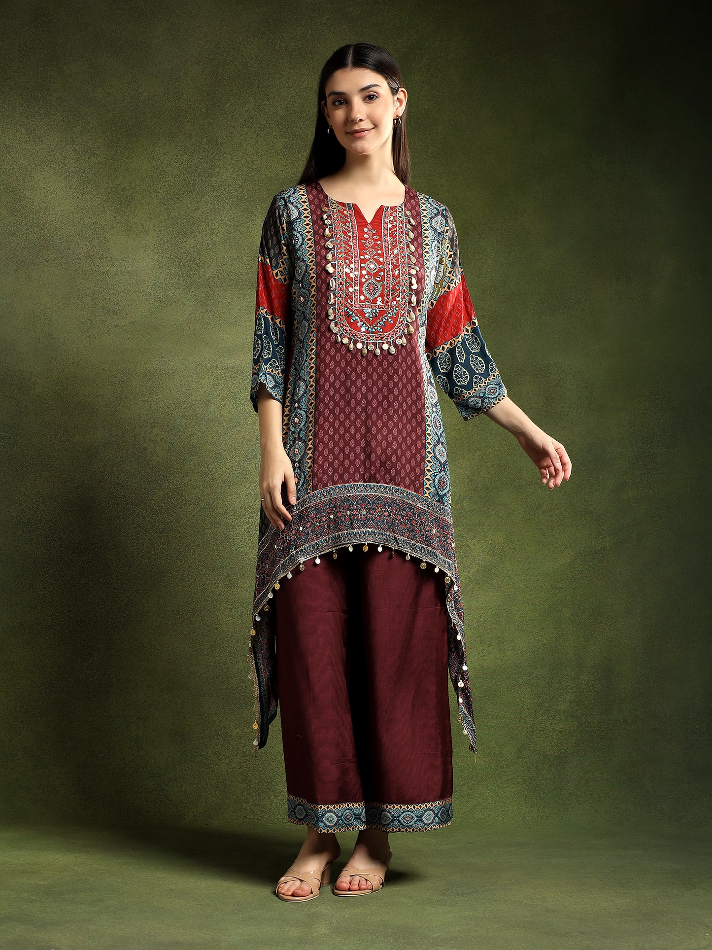Silk Burgundy Hand-Embroidered Cord Set