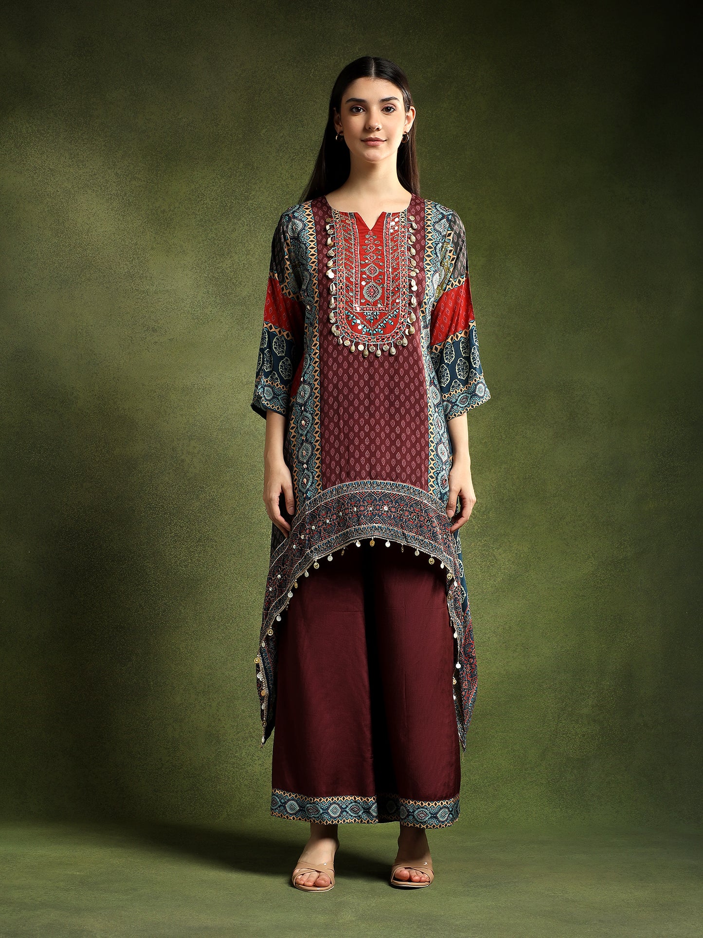 Silk Burgundy Hand-Embroidered Cord Set