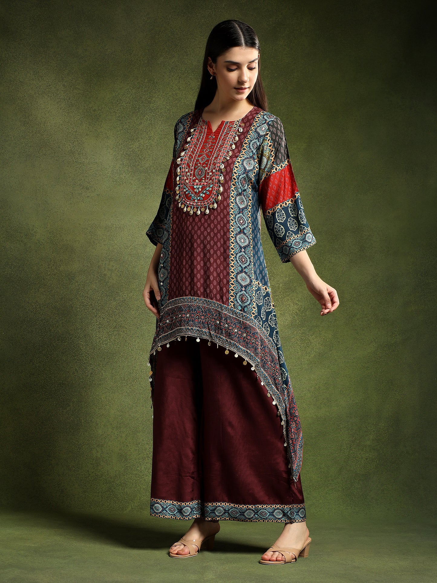 Silk Burgundy Hand-Embroidered Cord Set