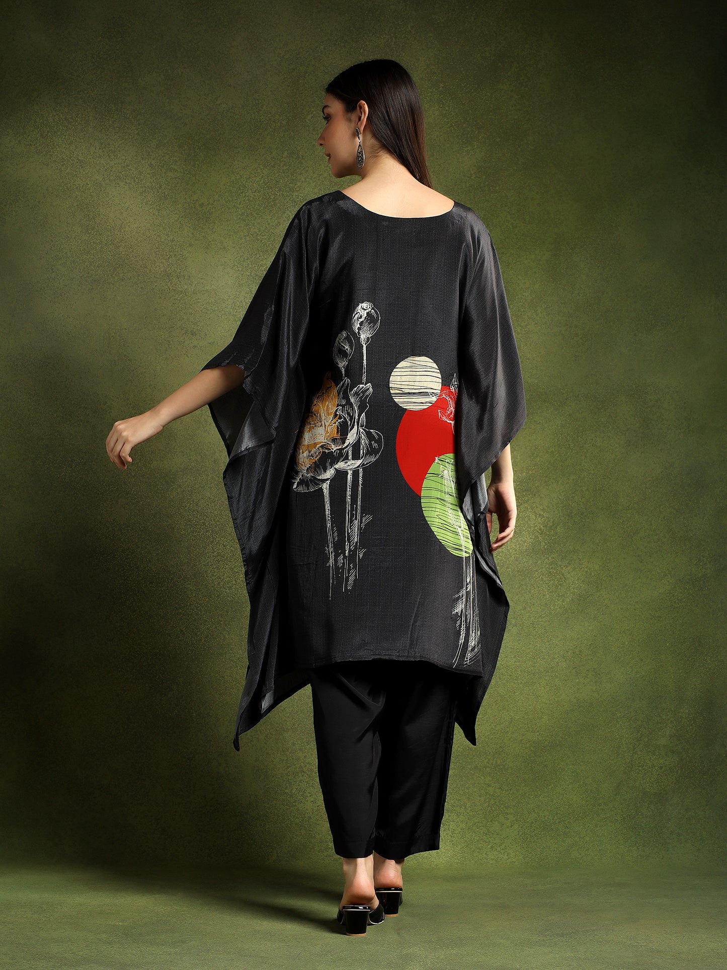 Charcoal Black Crepe Printed Kaftan Set