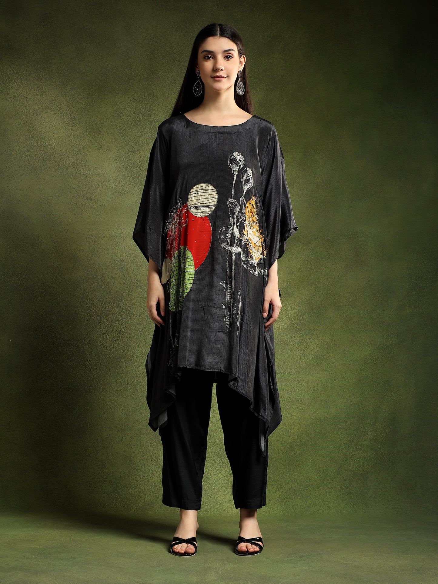 Charcoal Black Crepe Printed Kaftan Set