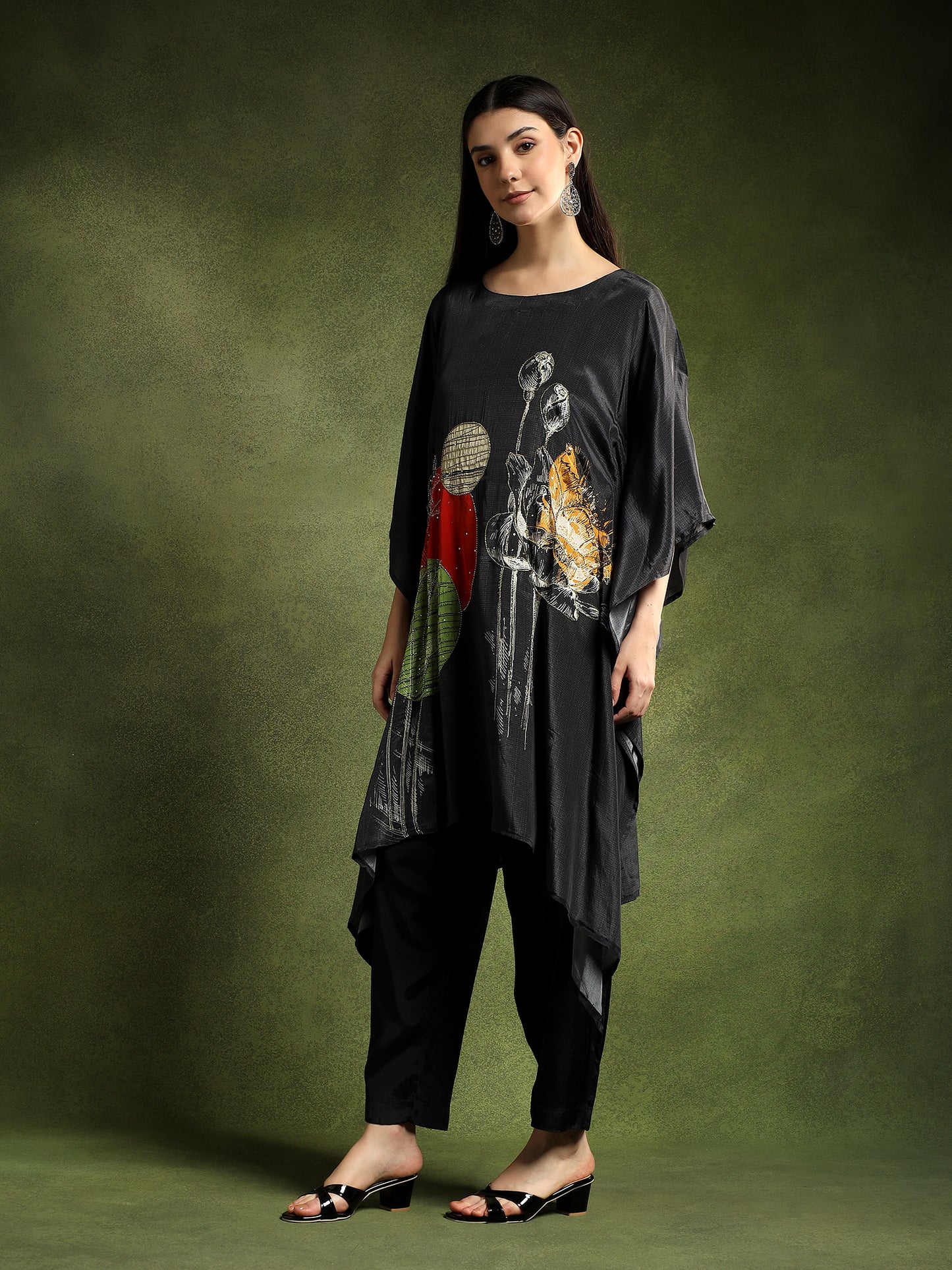 Charcoal Black Crepe Printed Kaftan Set