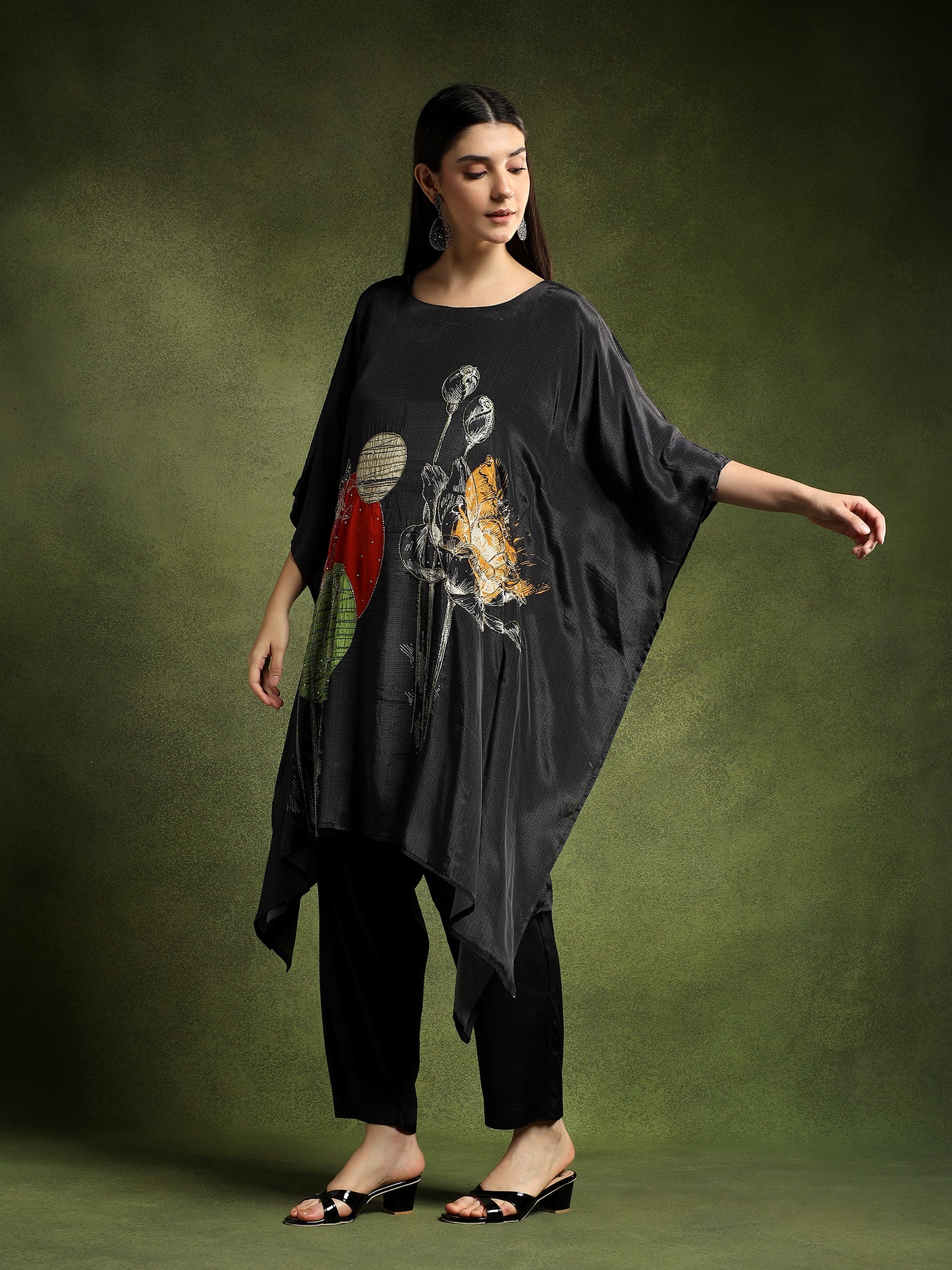 Charcoal Black Crepe Printed Kaftan Set