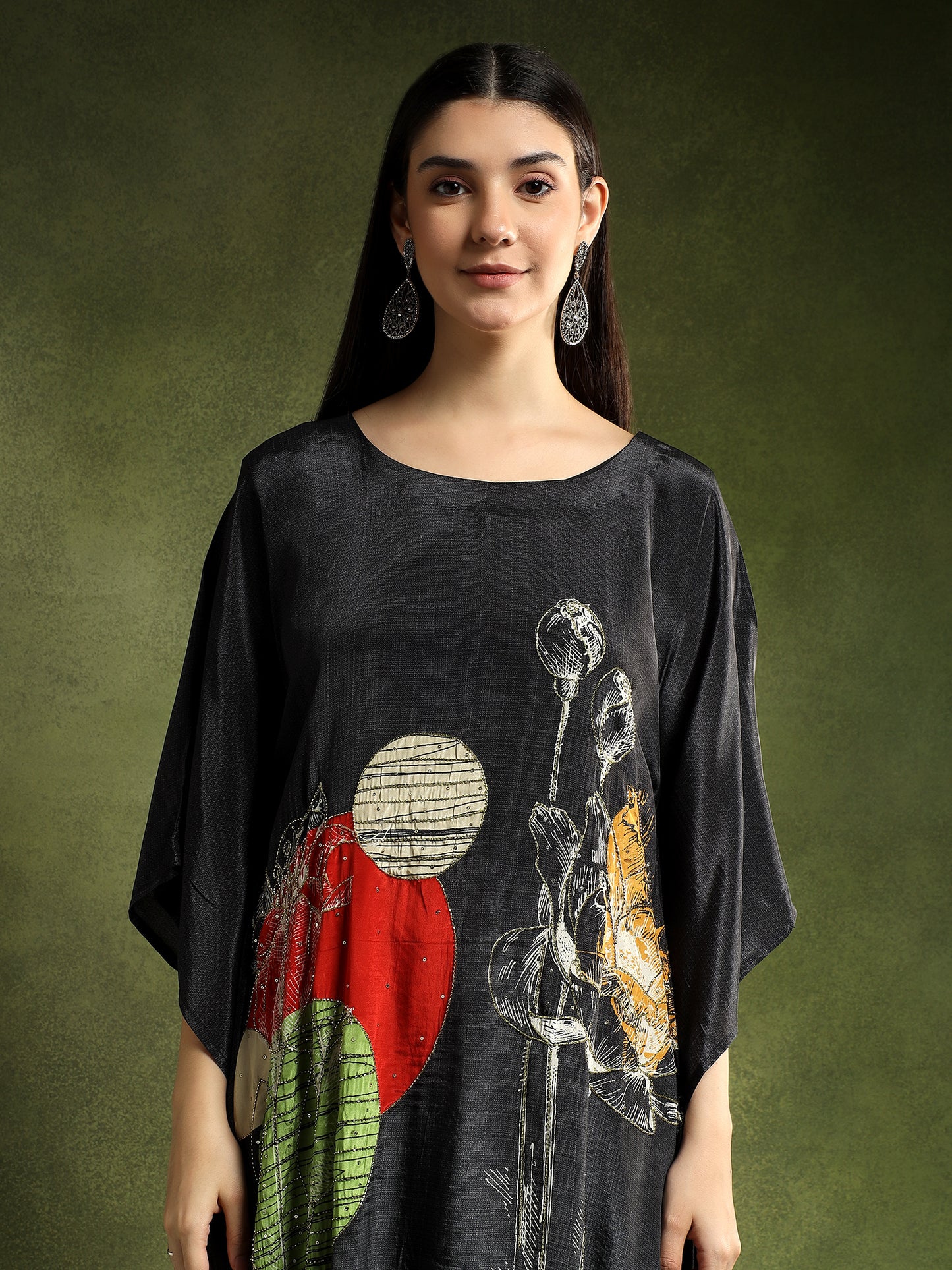 Charcoal Black Crepe Printed Kaftan Set