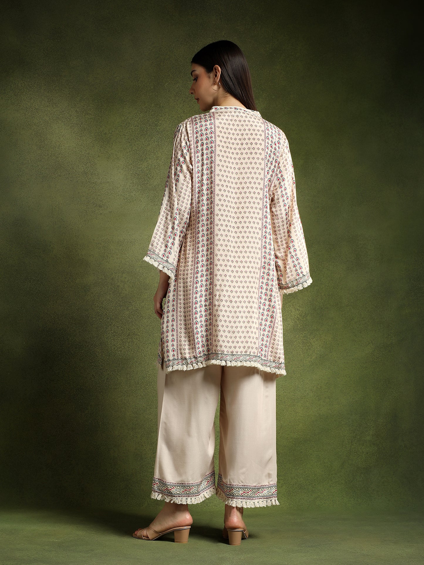 Cream Silk Printed Hand-Embroidered Cord Set