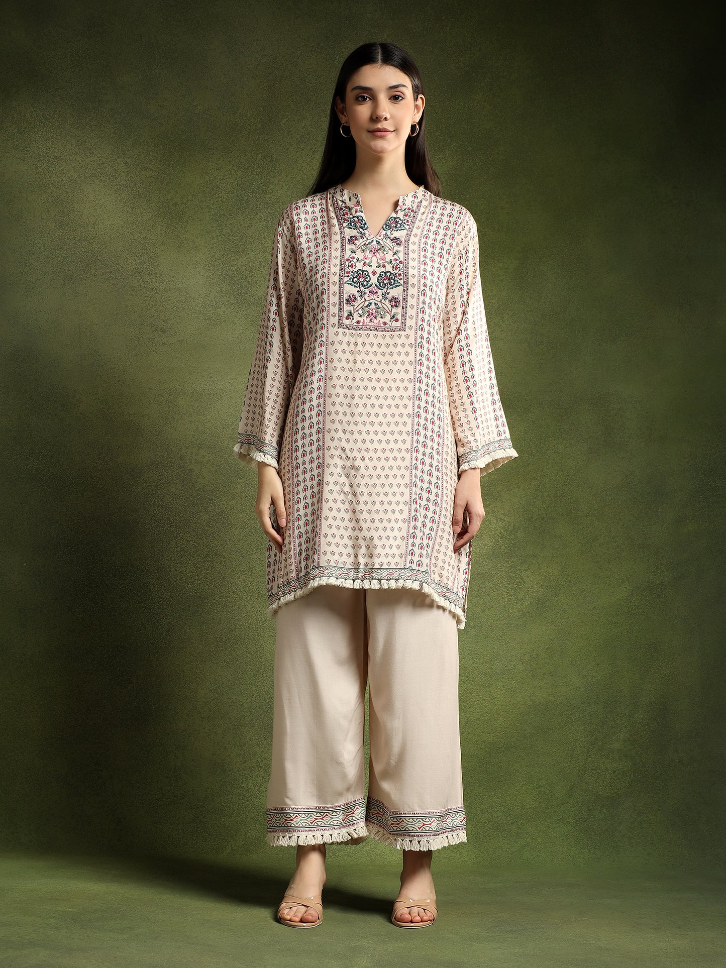 Cream Silk Printed Hand-Embroidered Cord Set