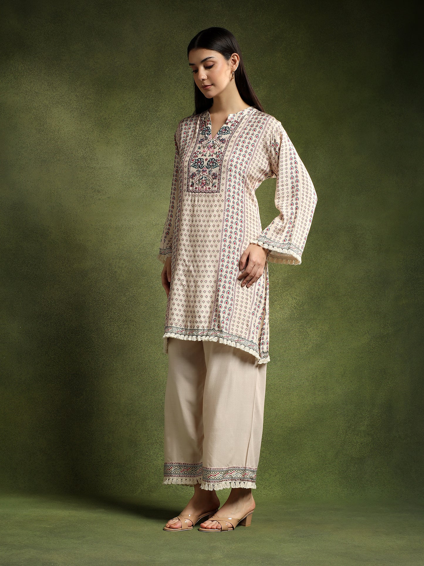 Cream Silk Printed Hand-Embroidered Cord Set