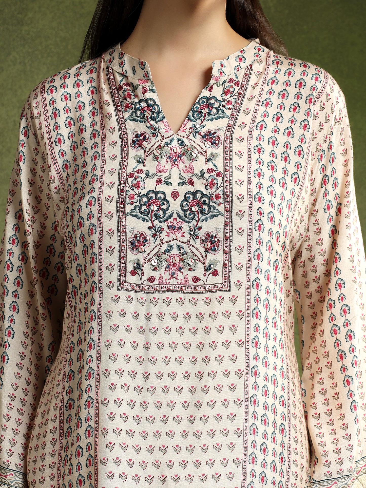 Cream Silk Printed Hand-Embroidered Cord Set