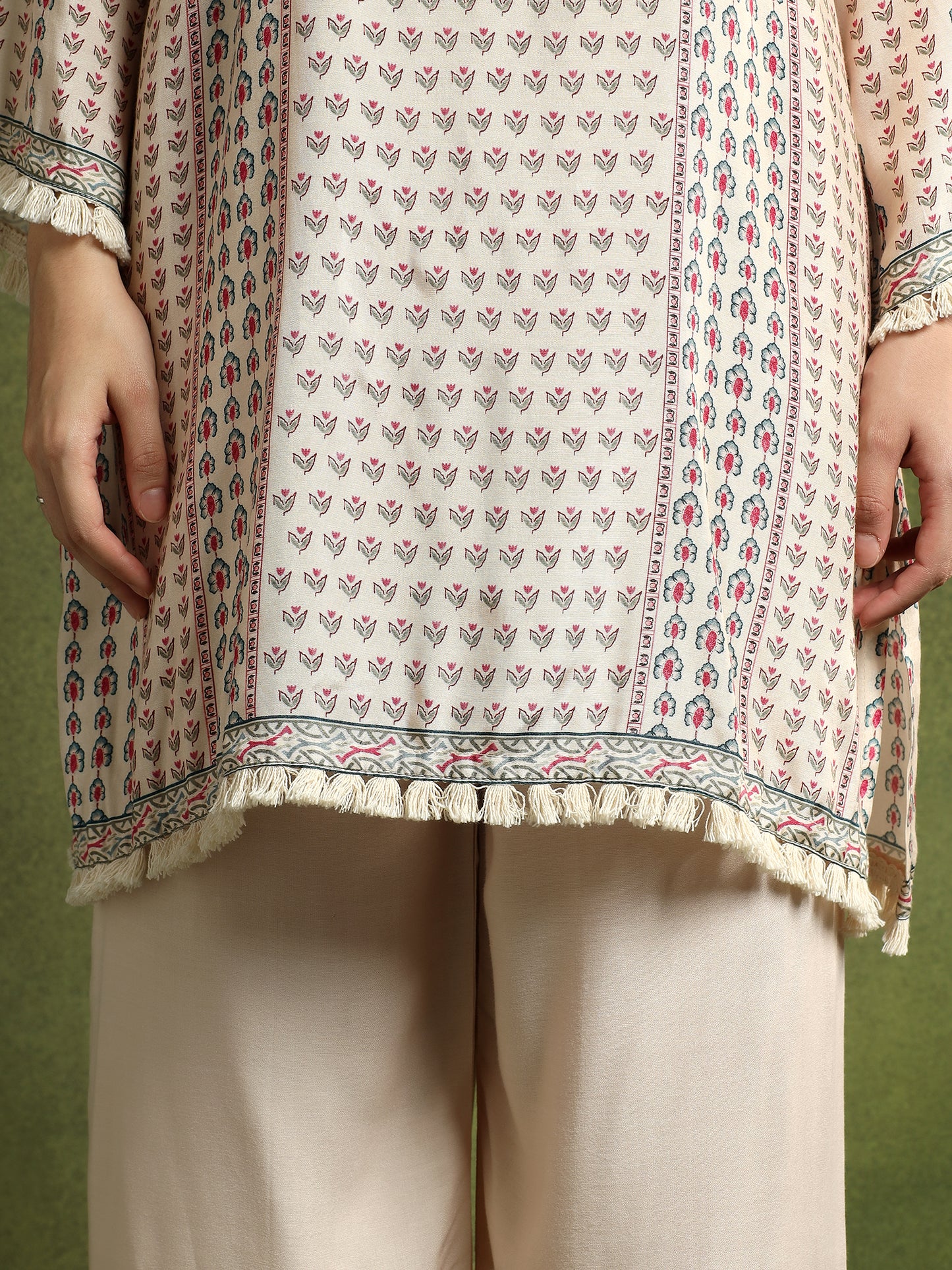 Cream Silk Printed Hand-Embroidered Cord Set