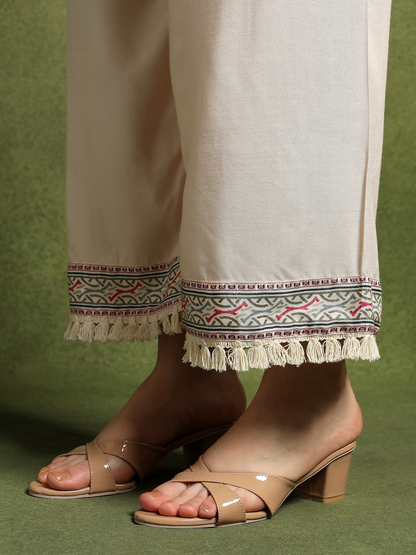 Cream Silk Printed Hand-Embroidered Cord Set