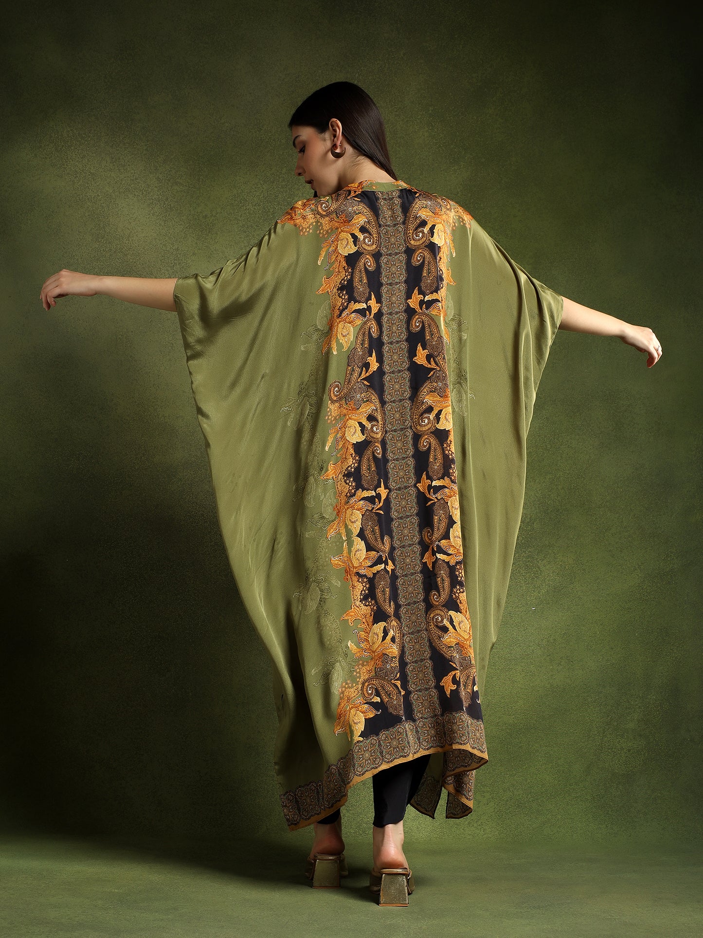 Crepe Sage Green Printed Kaftan Set