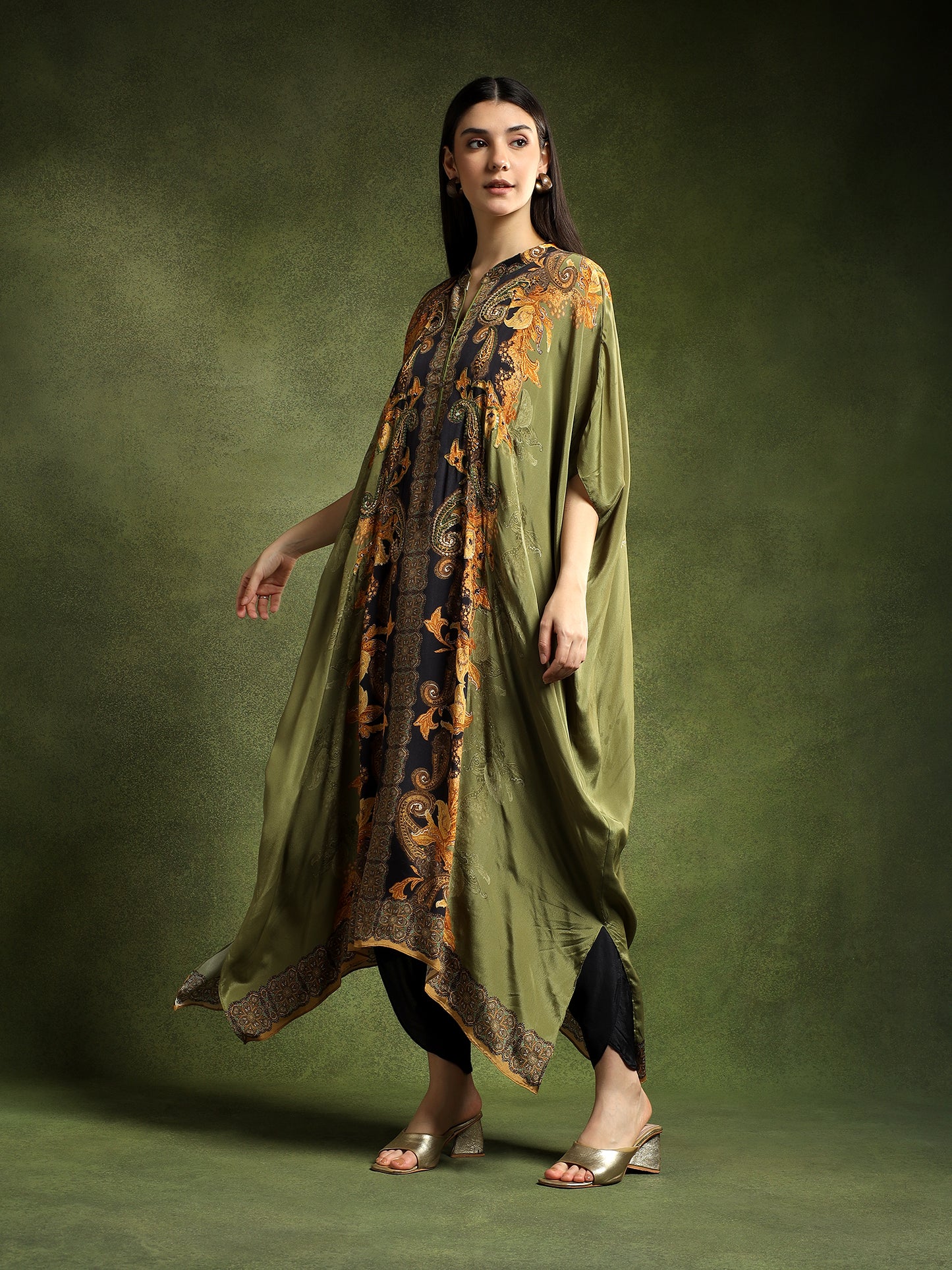 Crepe Sage Green Printed Kaftan Set