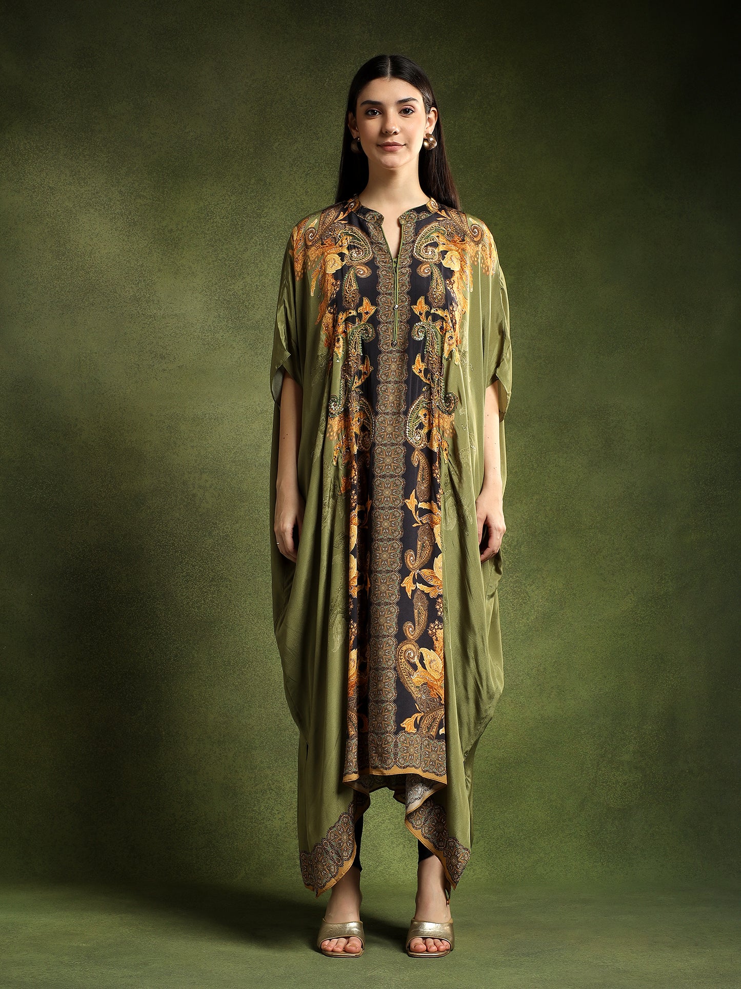 Crepe Sage Green Printed Kaftan Set
