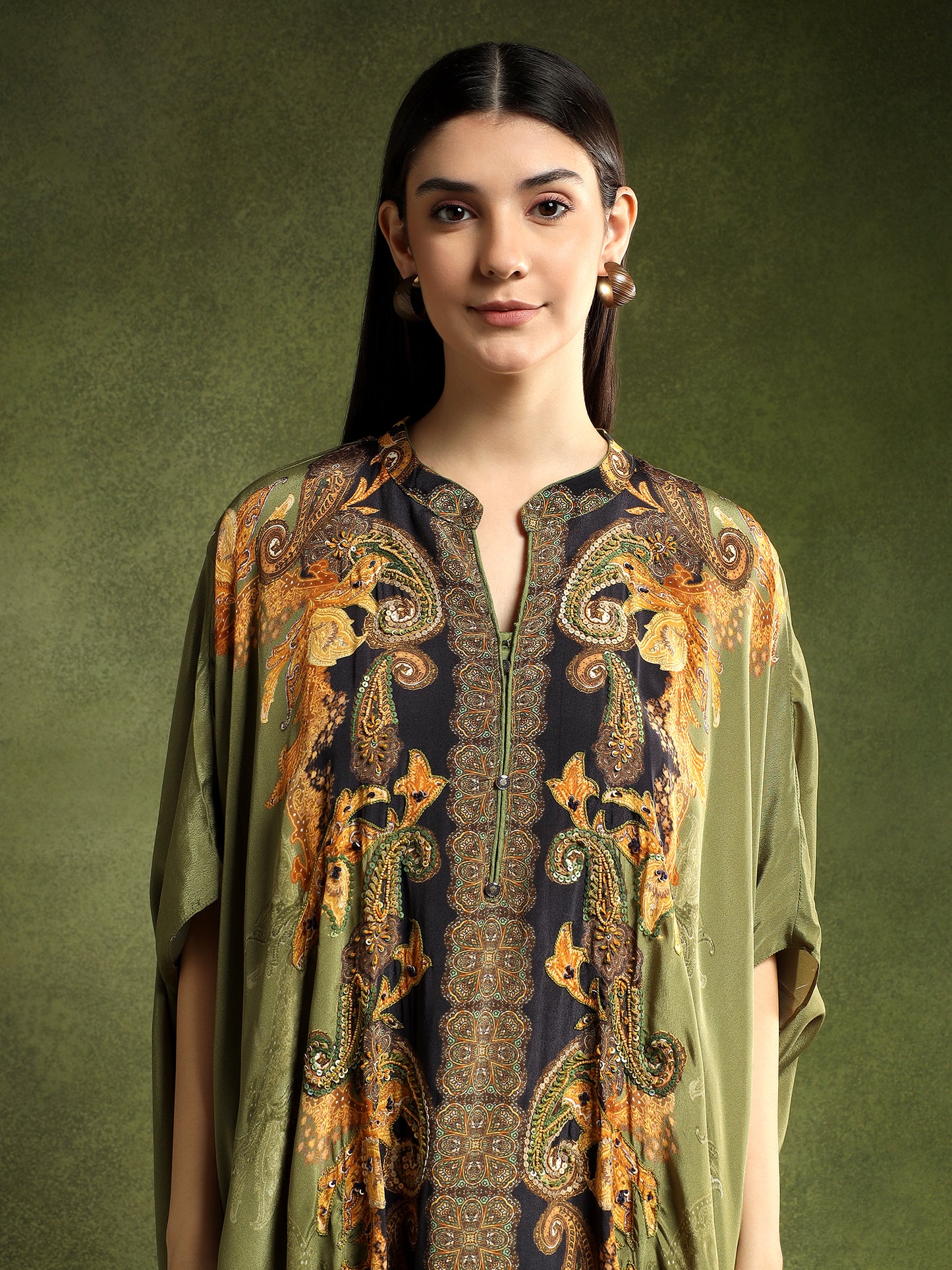 Crepe Sage Green Printed Kaftan Set