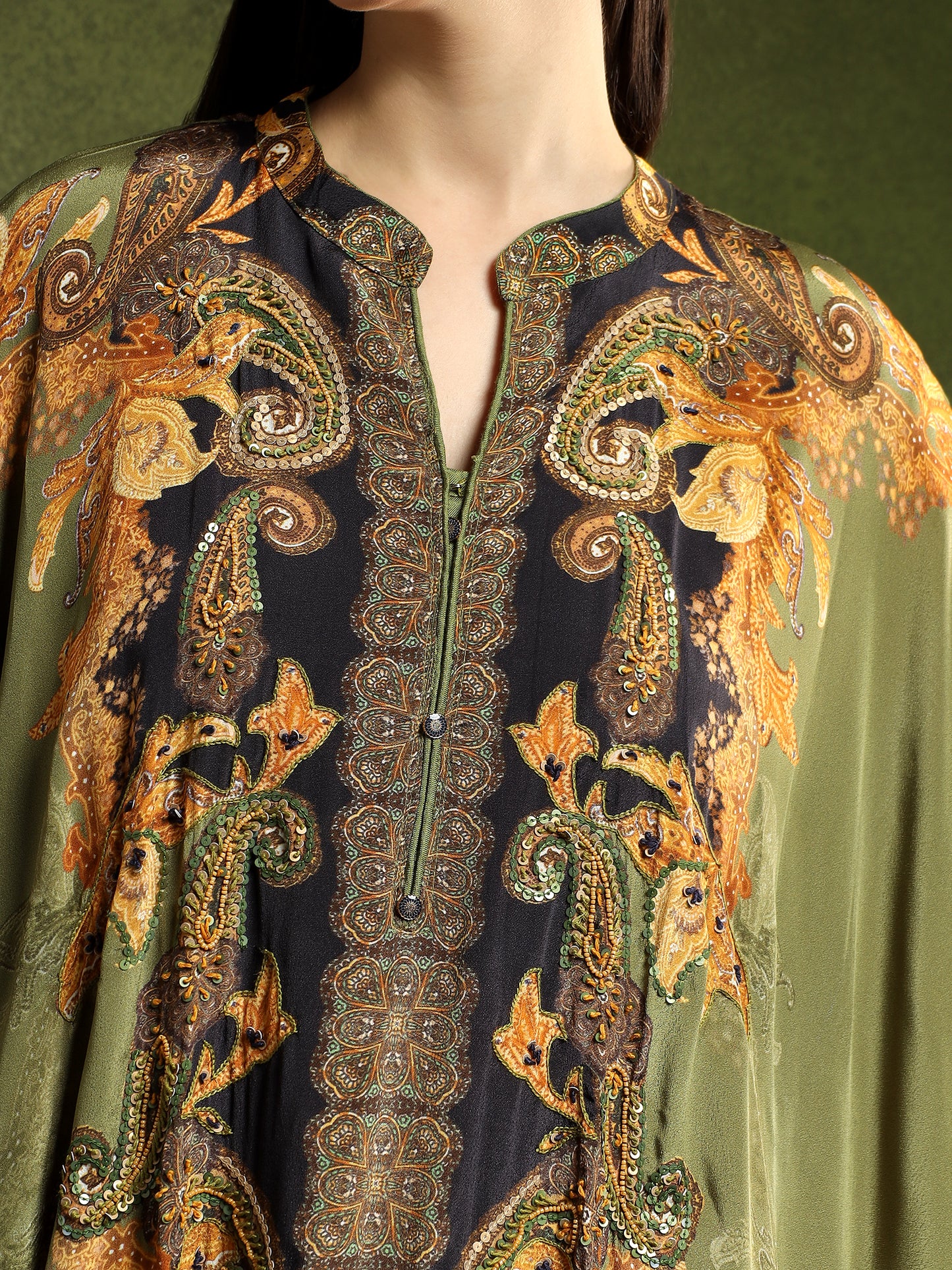 Crepe Sage Green Printed Kaftan Set