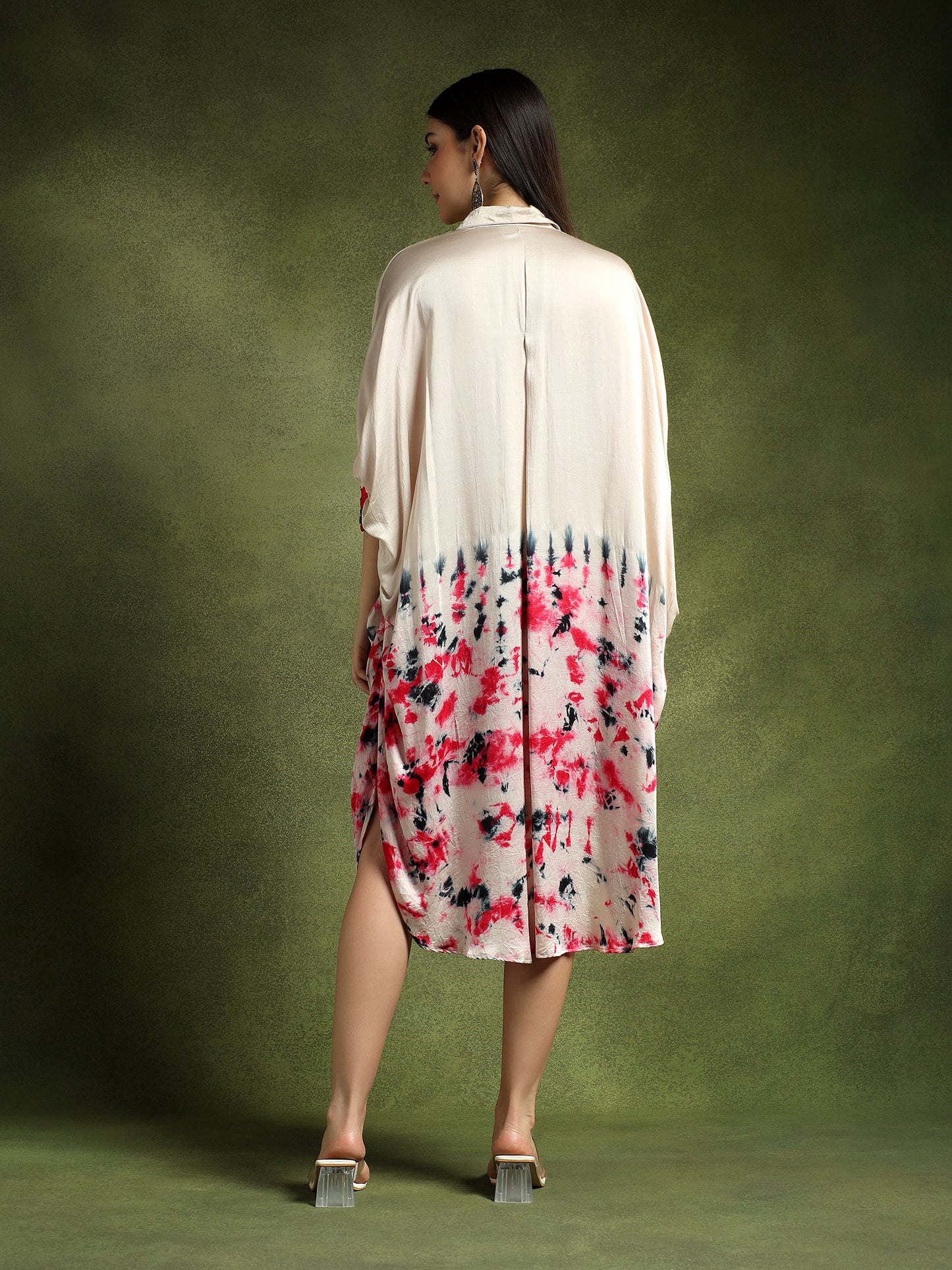Satin Silk Beige Batik Print Shirt Dress