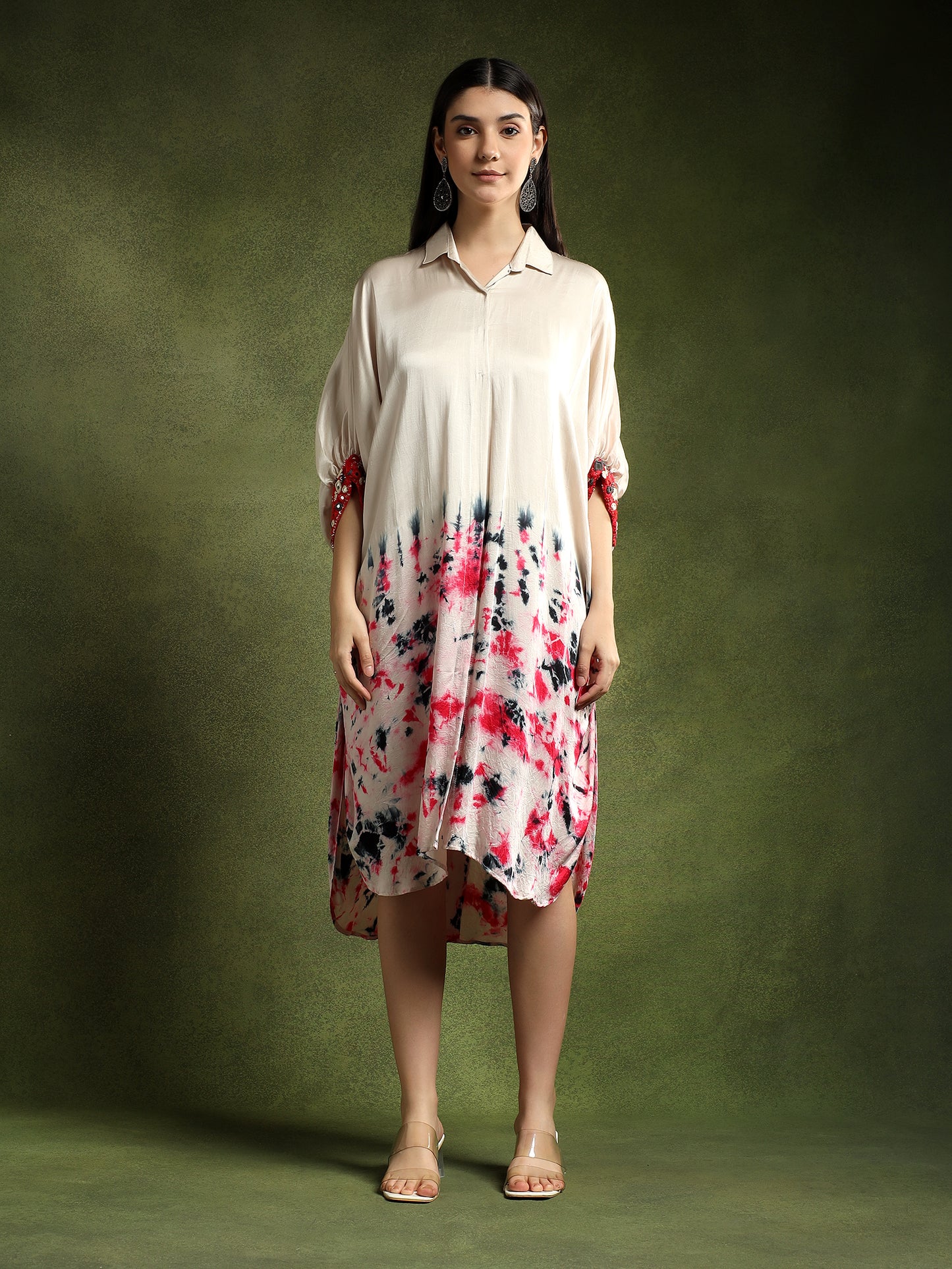 Satin Silk Beige Batik Print Shirt Dress