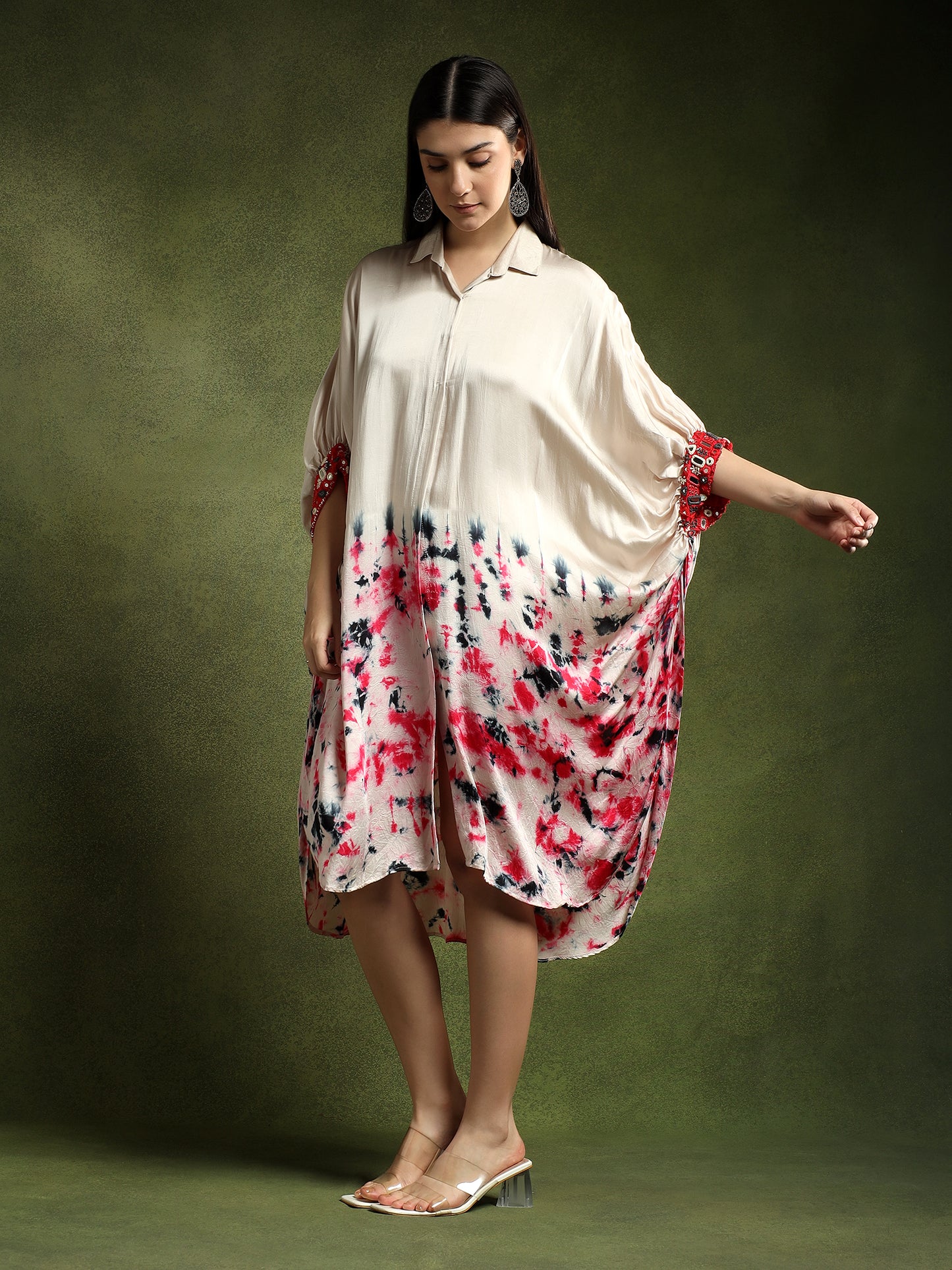 Satin Silk Beige Batik Print Shirt Dress