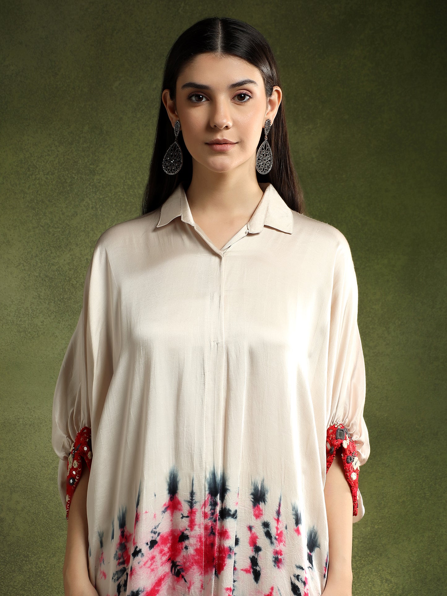 Satin Silk Beige Batik Print Shirt Dress