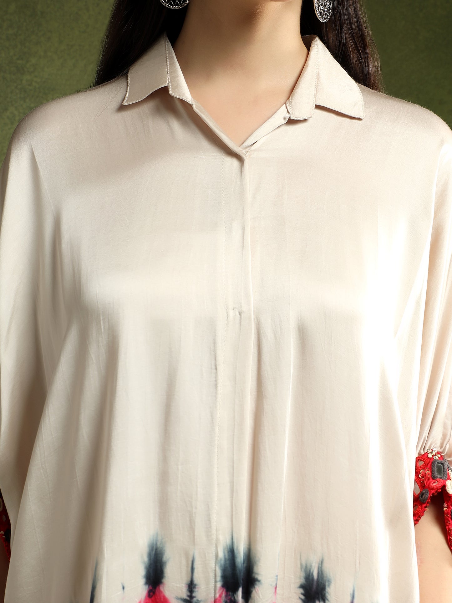 Satin Silk Beige Batik Print Shirt Dress