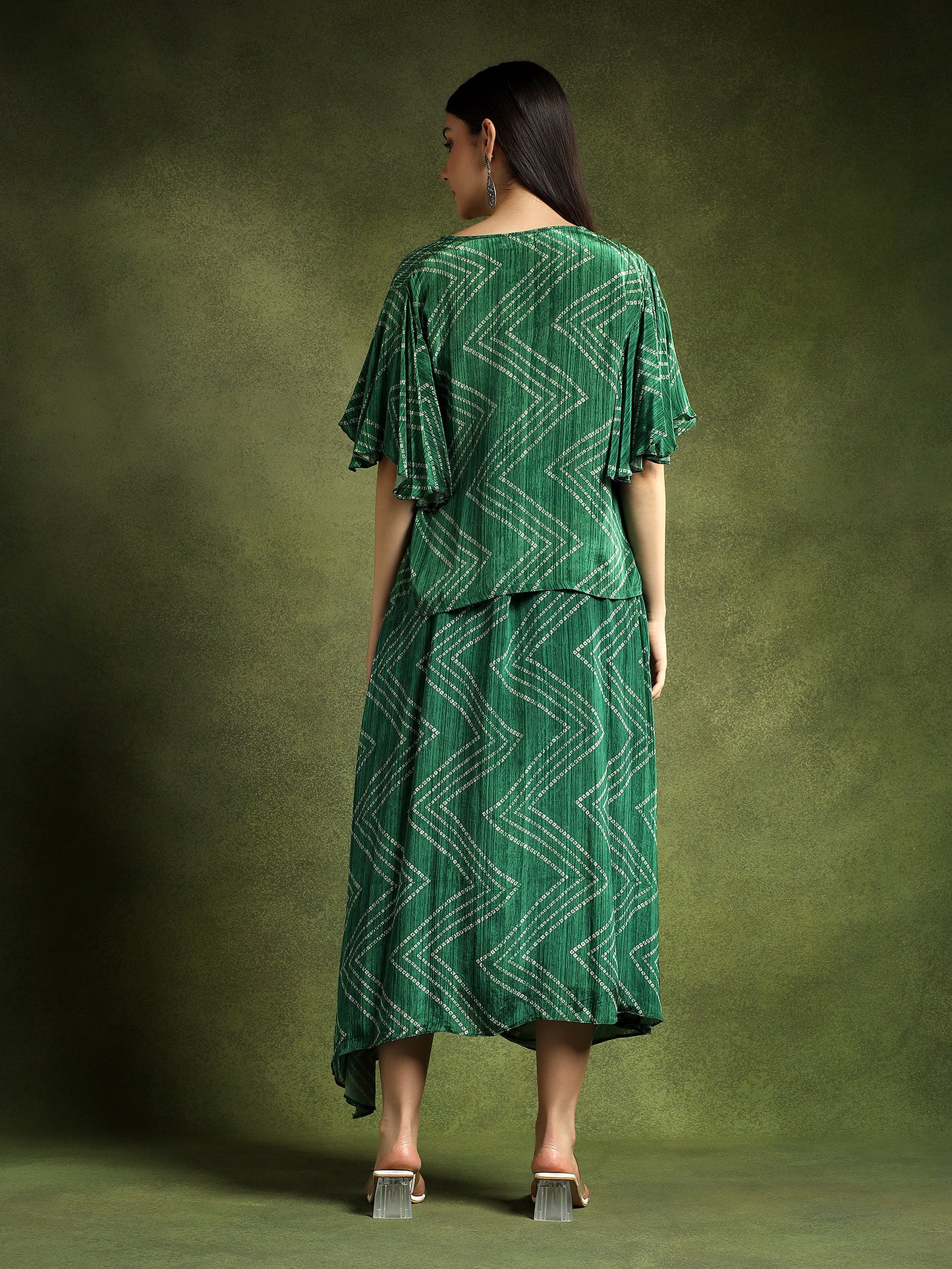 Green Bandhej Printed Satin Cape Dress